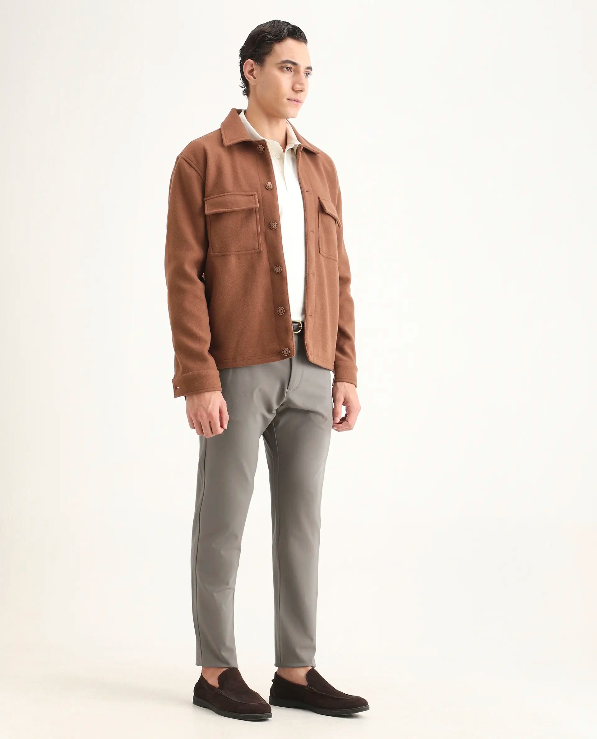 Rare Rabbit Men's Travel-Ss26 Dark Beige Polyester Fabric Button And Zip Closure Closure Plain Trouser