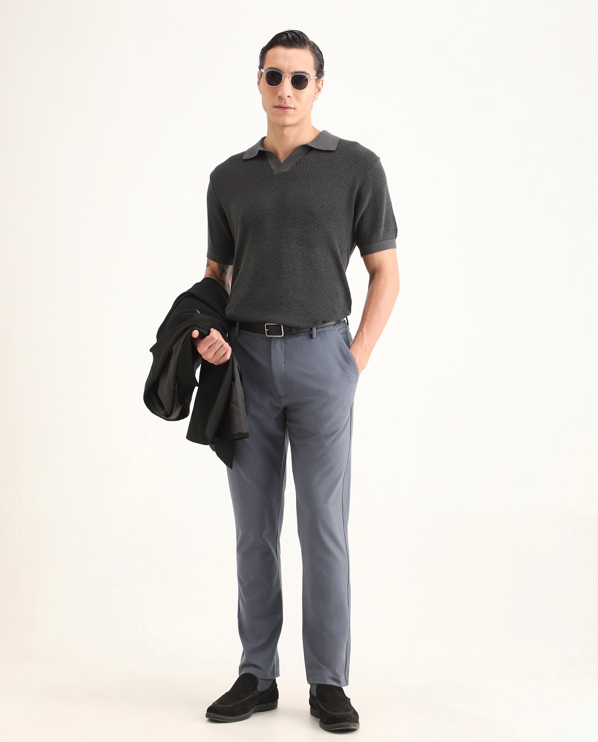 Rare Rabbit Men's Travel-Ss26 Dusky Blue Polyester Fabric Button And Zip Closure Closure Plain Trouser