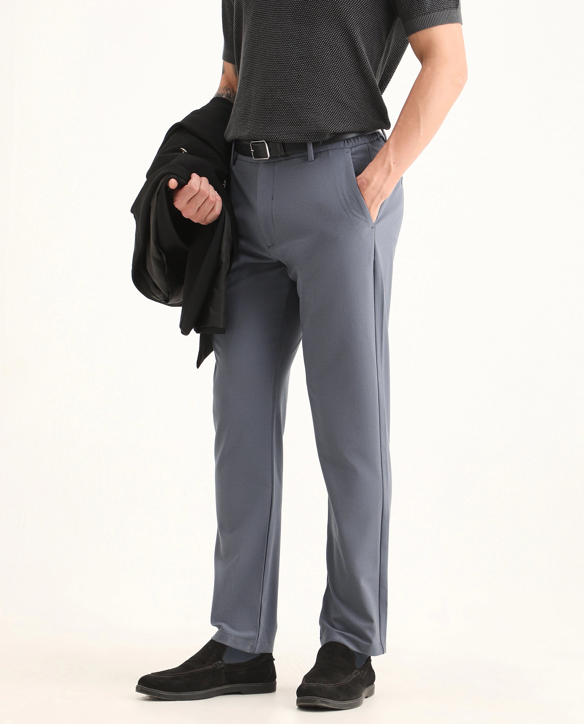 Rare Rabbit Men's Travel-Ss26 Dusky Blue Polyester Fabric Button And Zip Closure Closure Plain Trouser