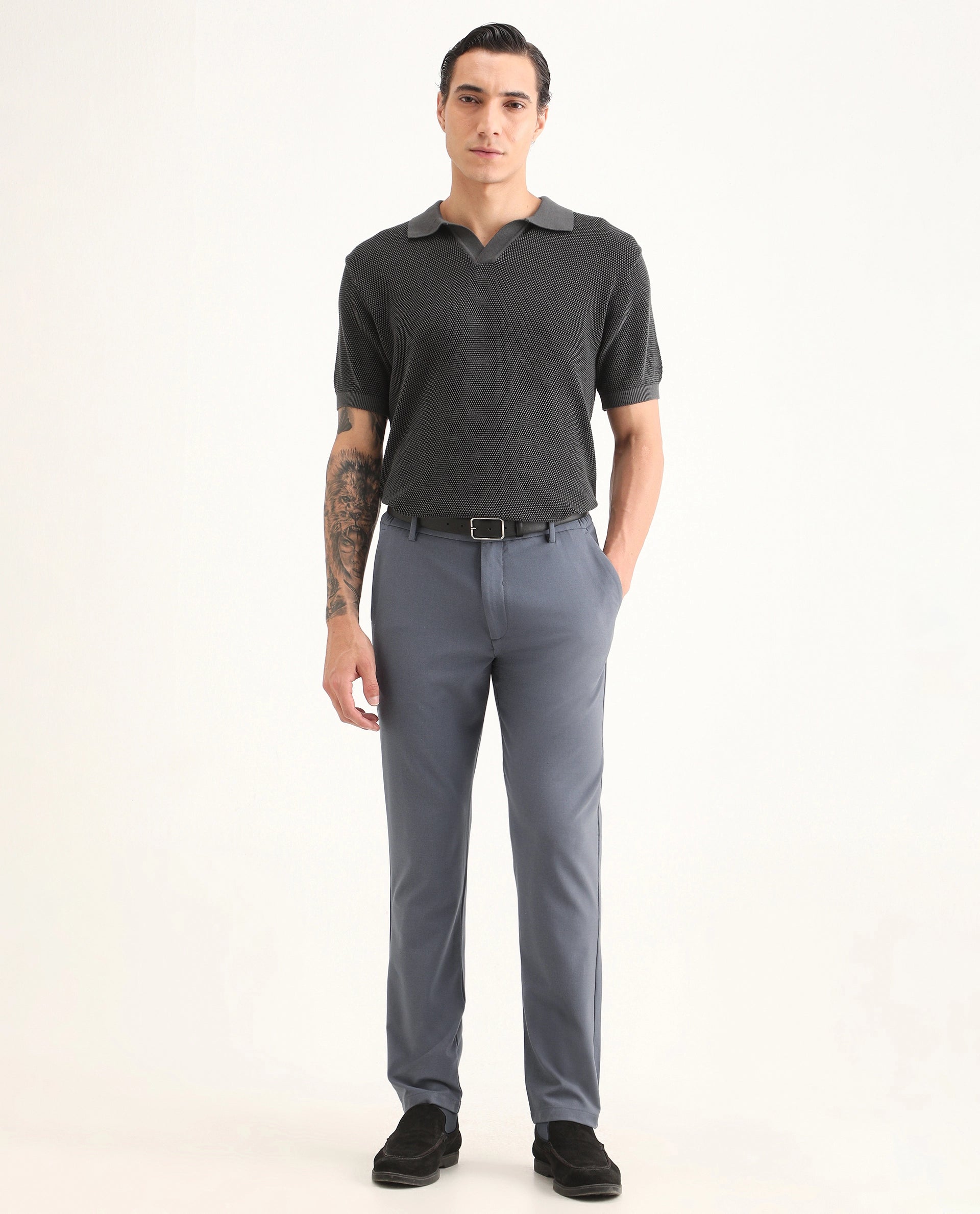 Rare Rabbit Men's Travel-Ss26 Dusky Blue Polyester Fabric Button And Zip Closure Closure Plain Trouser
