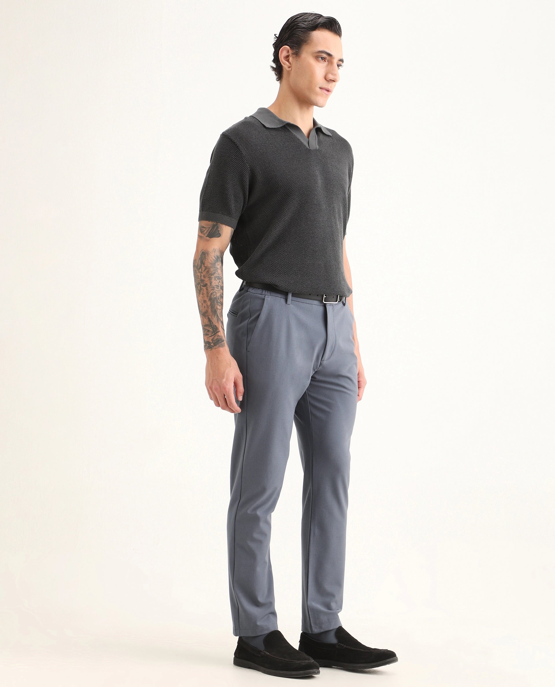 Rare Rabbit Men's Travel-Ss26 Dusky Blue Polyester Fabric Button And Zip Closure Closure Plain Trouser