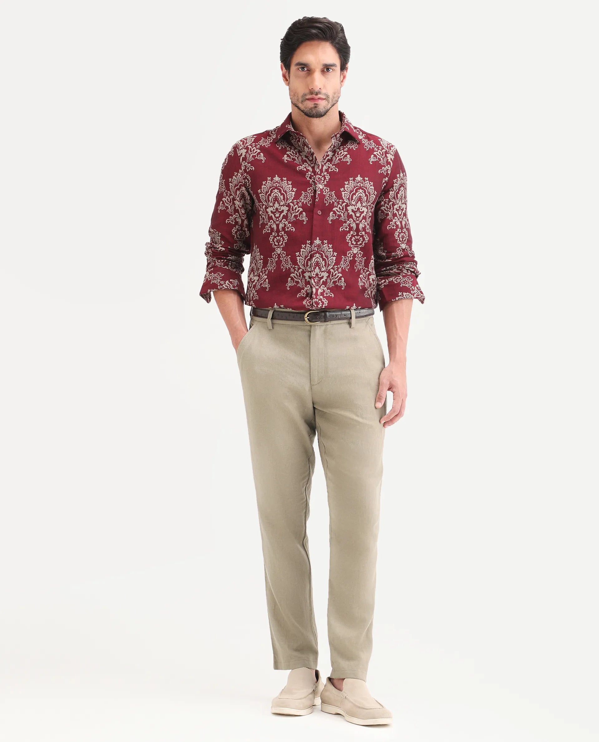 Rare Rabbit Men's Jomo-Ss26 Khaki Linen Blend Fabric Regular Fit Plain Trouser