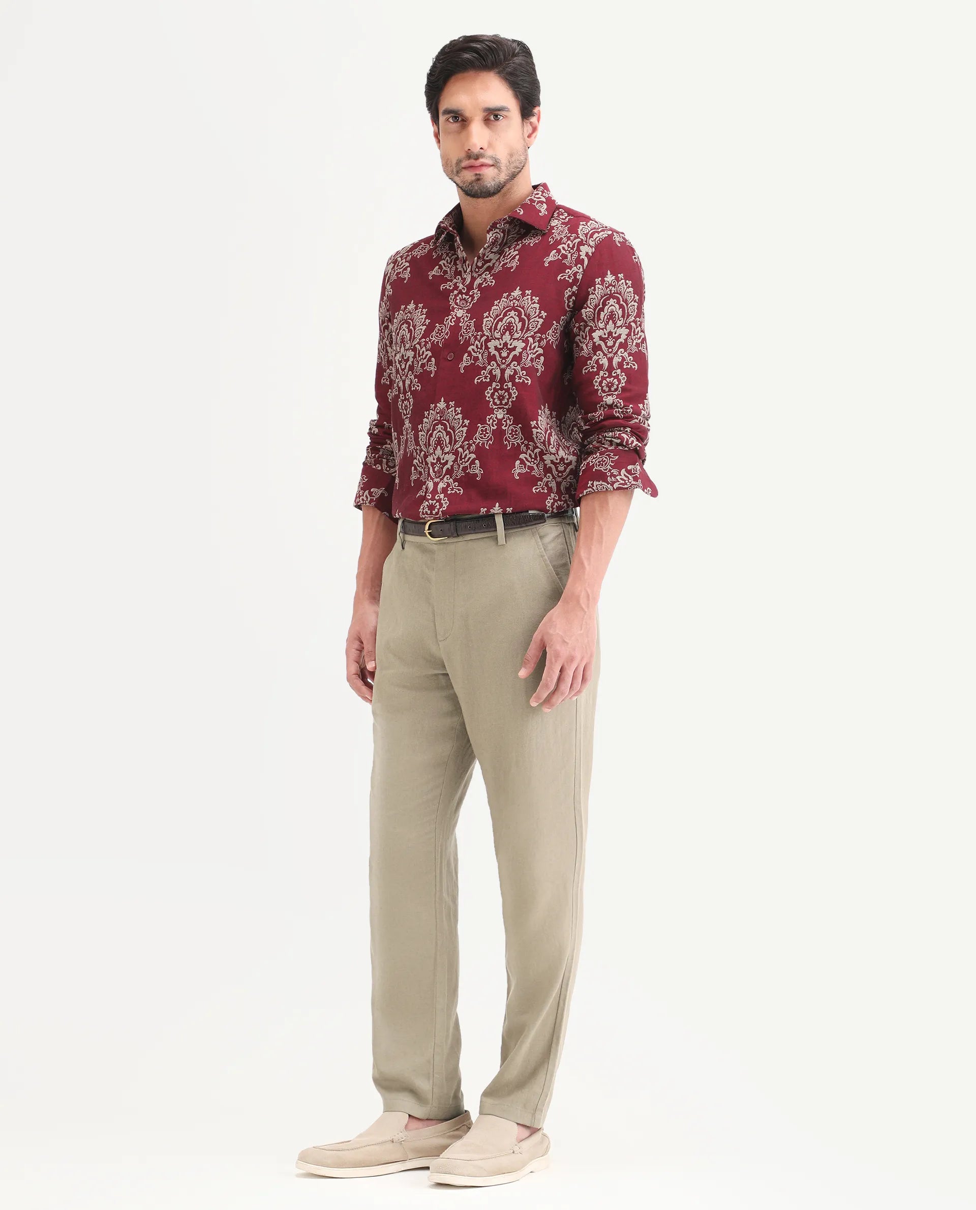 Rare Rabbit Men's Jomo-Ss26 Khaki Linen Blend Fabric Regular Fit Plain Trouser