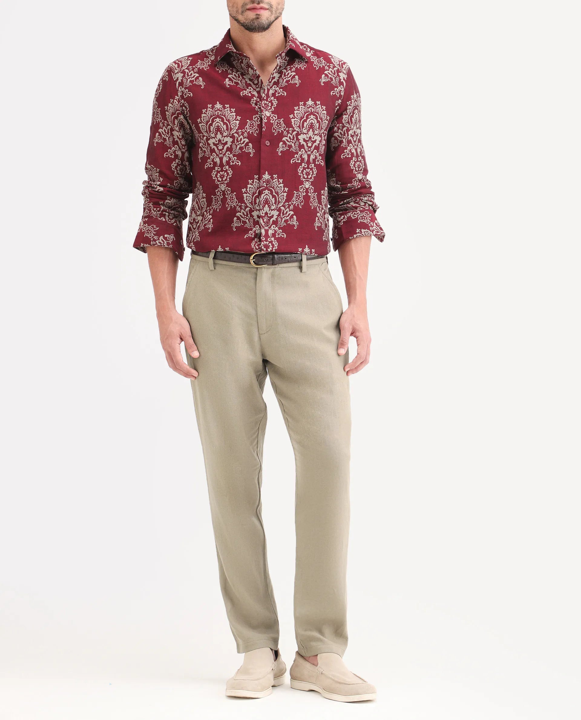 Rare Rabbit Men's Jomo-Ss26 Khaki Linen Blend Fabric Regular Fit Plain Trouser