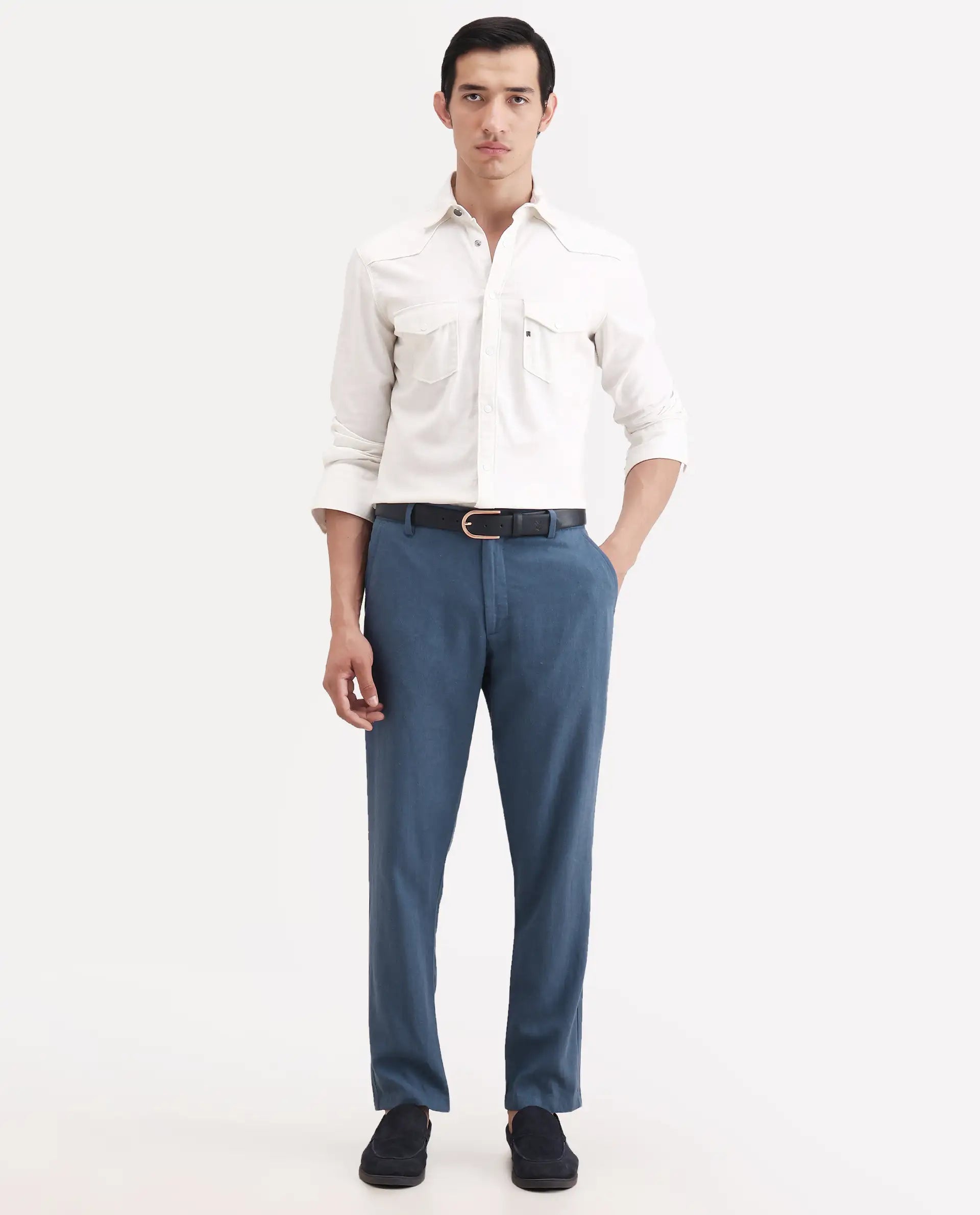 Rare Rabbit Men's Jomo-Ss26 Blue Linen Blend Fabric Regular Fit Plain Trouser