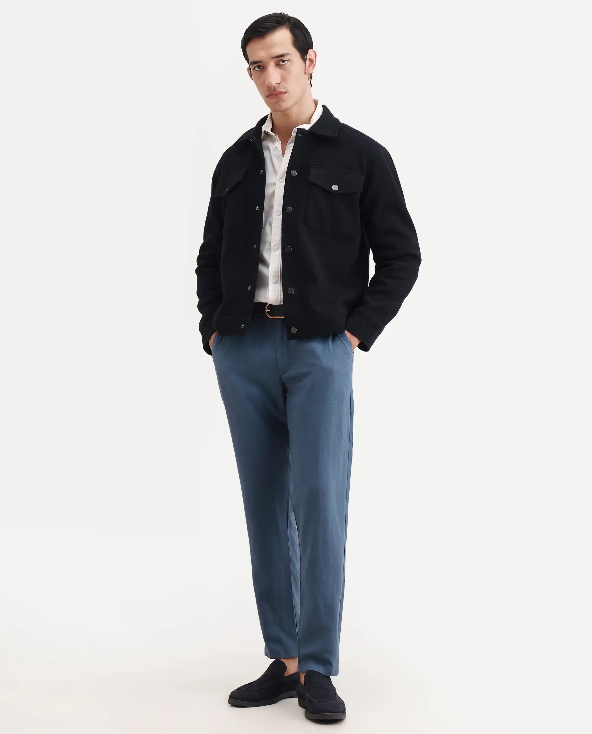 Rare Rabbit Men's Jomo-Ss26 Blue Linen Blend Fabric Regular Fit Plain Trouser