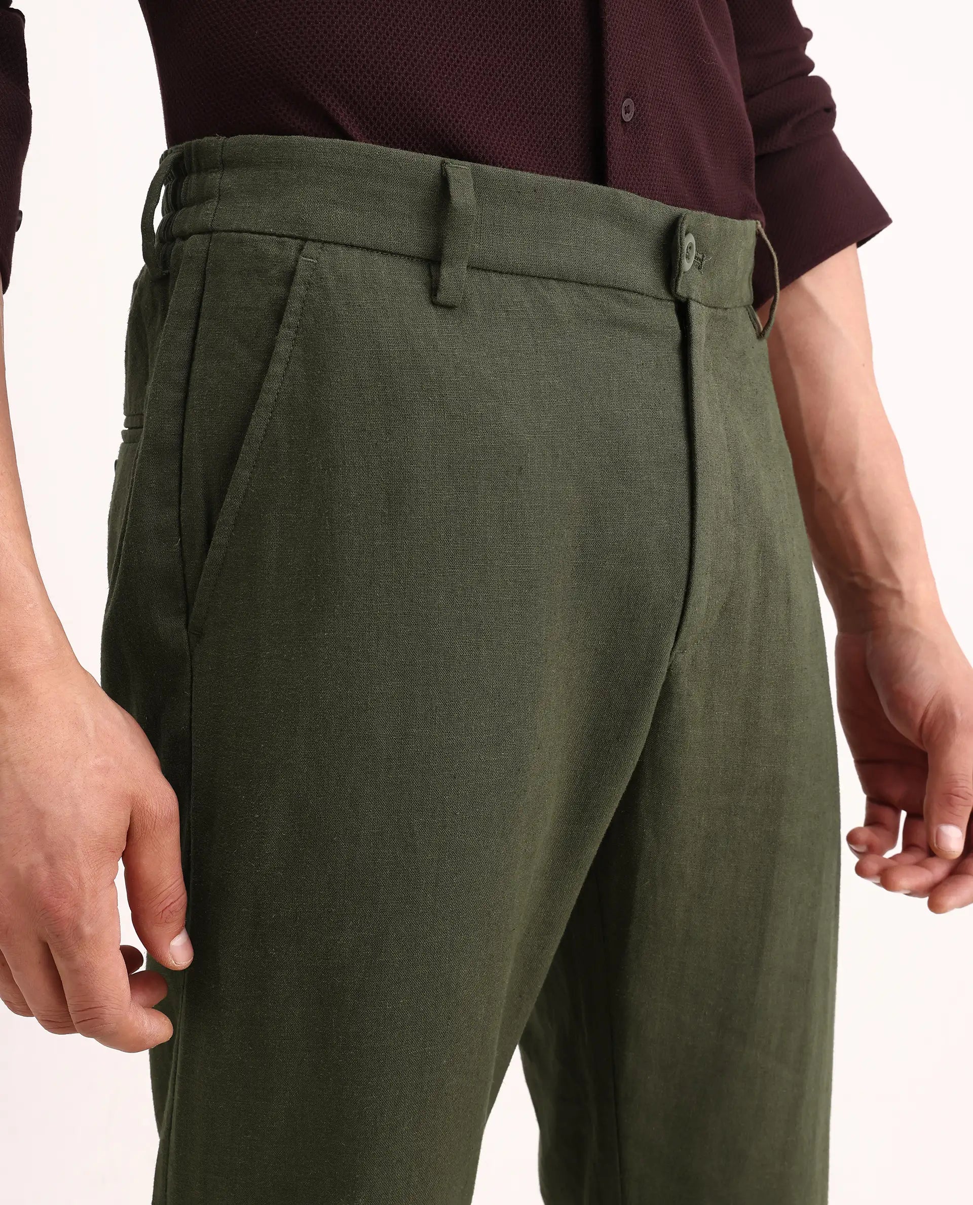 Rare Rabbit Men's Jomo-Ss26 Olive Linen Blend Fabric Regular Fit Plain Trouser