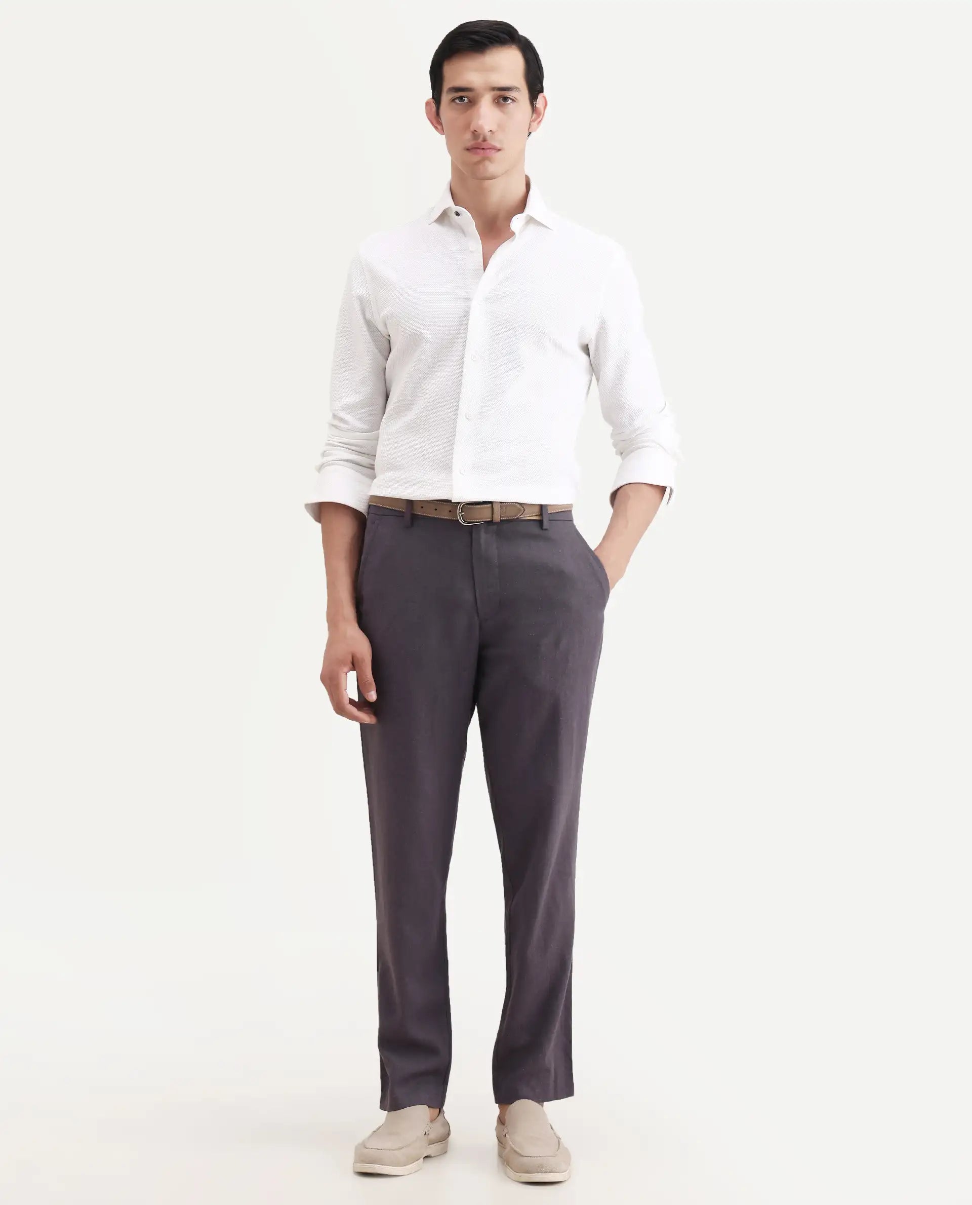 Rare Rabbit Men's Jomo-Ss26 Purple Linen Blend Fabric Regular Fit Plain Trouser