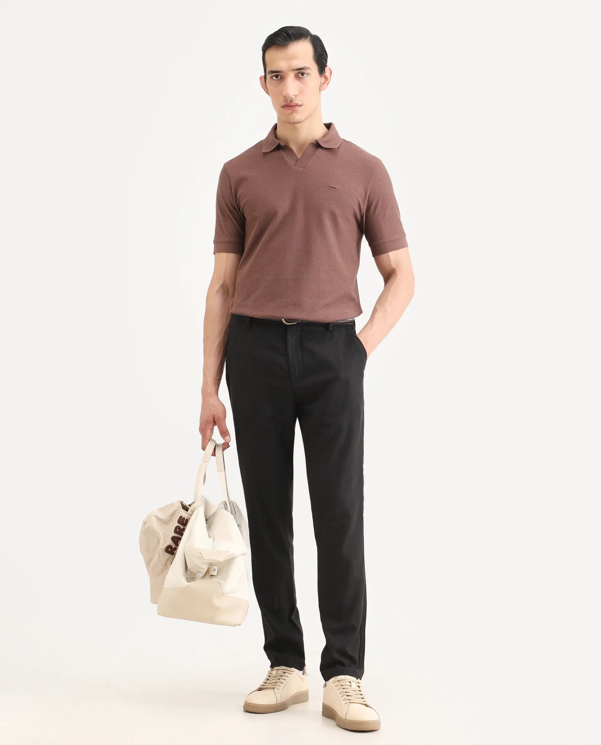 Rare Rabbit Men's Jomo-Ss26 Black Linen Blend Fabric Regular Fit Plain Trouser