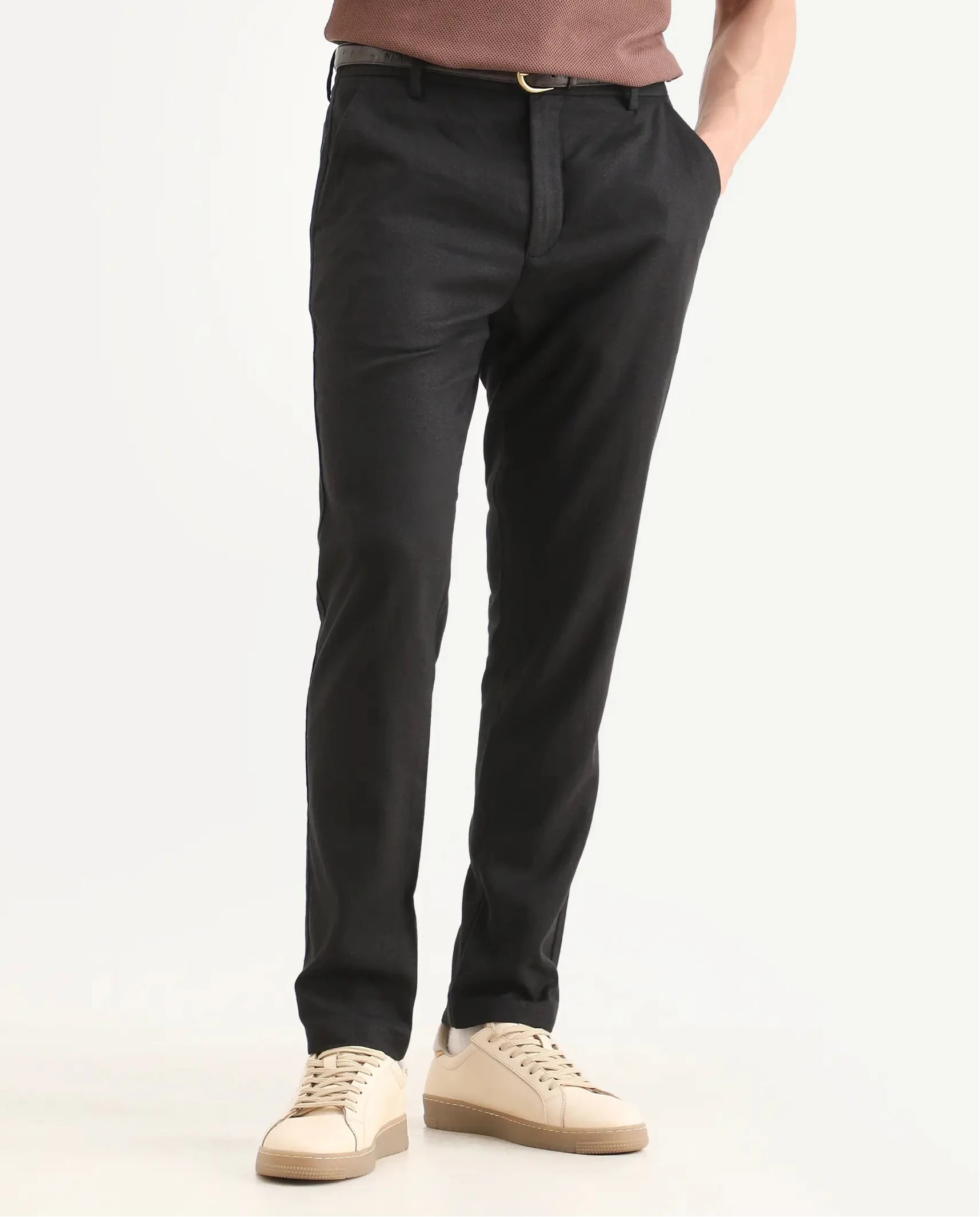 Rare Rabbit Men's Jomo-Ss26 Black Linen Blend Fabric Regular Fit Plain Trouser