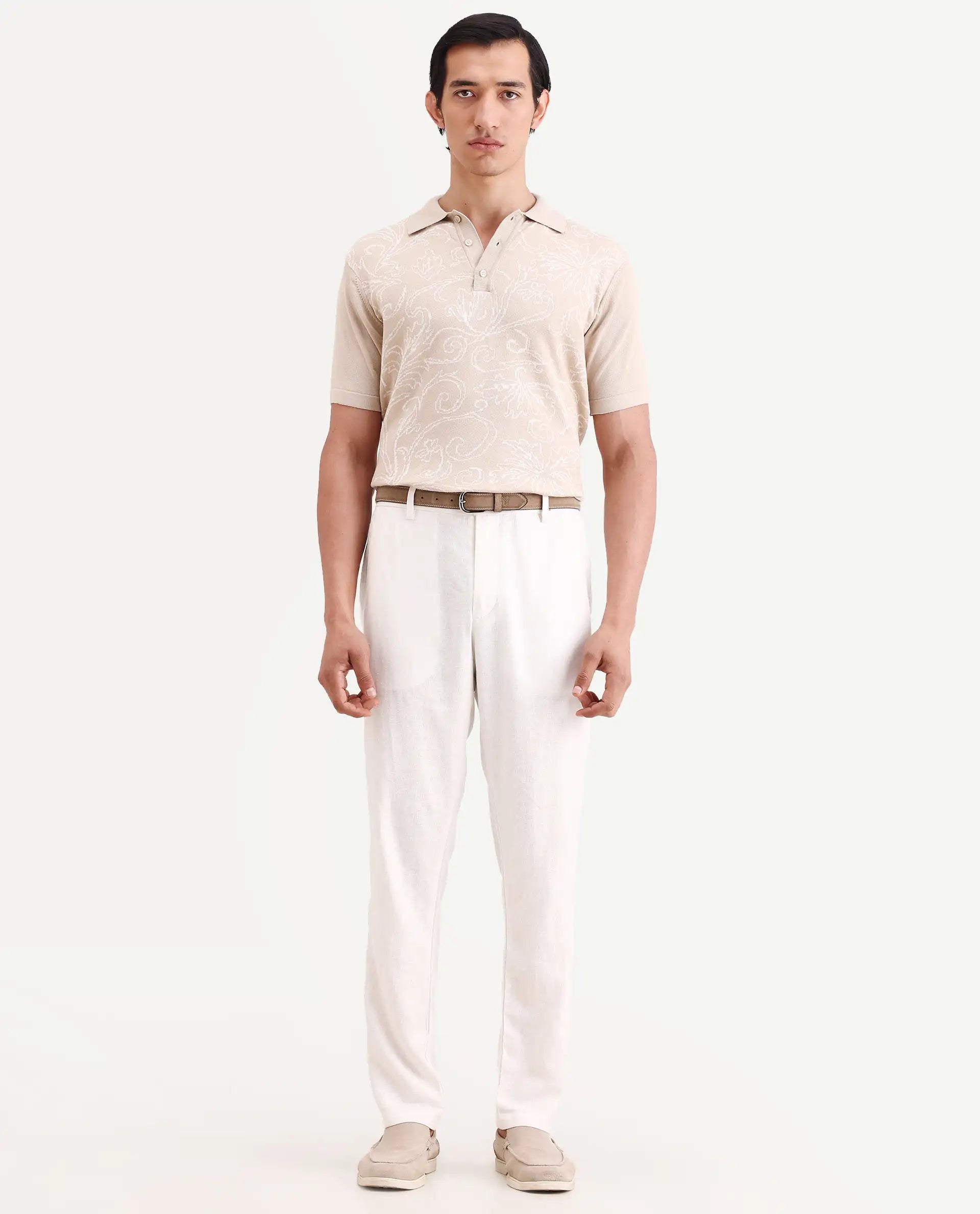 Rare Rabbit Men's Jomo-Ss26 Off White Linen Blend Fabric Regular Fit Plain Trouser