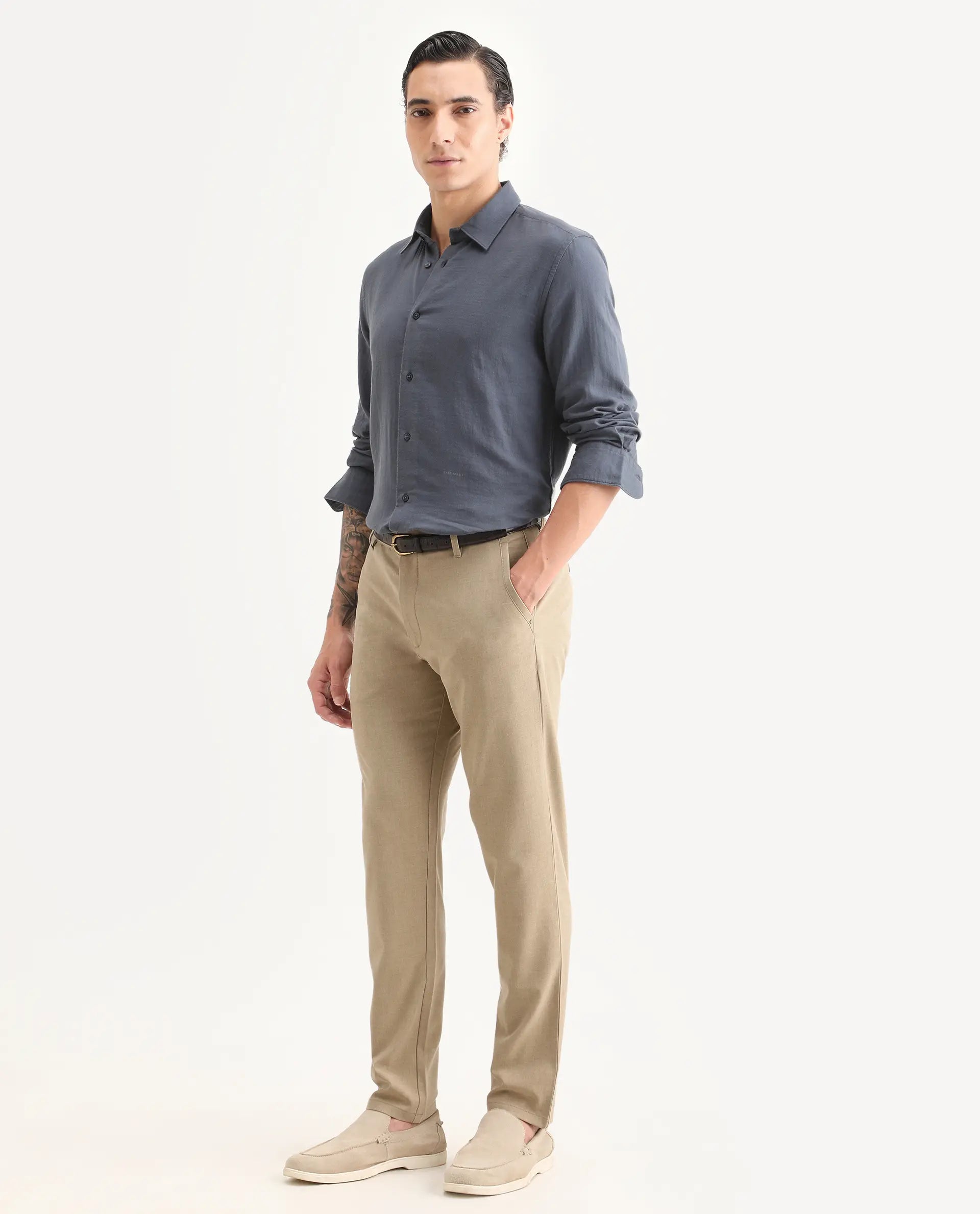 Rare Rabbit Men's Driver-Ss26 Khaki Polyester Blend Fabric Regular Fit Plain Trouser