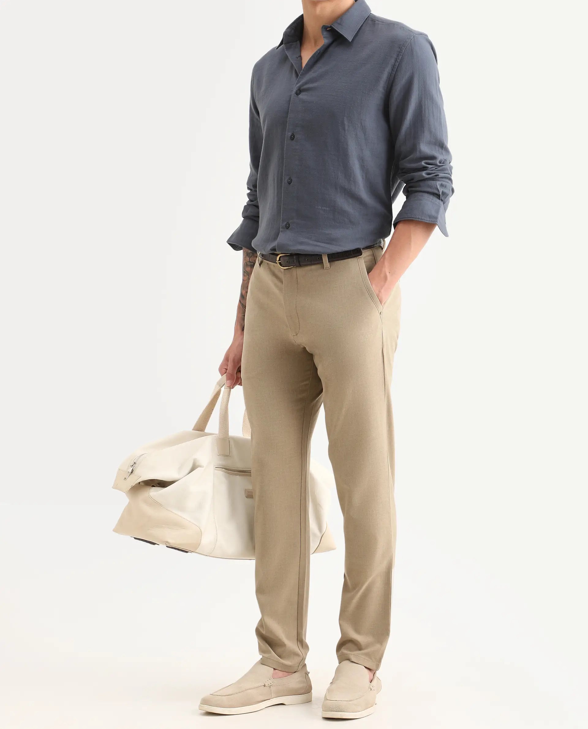 Rare Rabbit Men's Driver-Ss26 Khaki Polyester Blend Fabric Regular Fit Plain Trouser