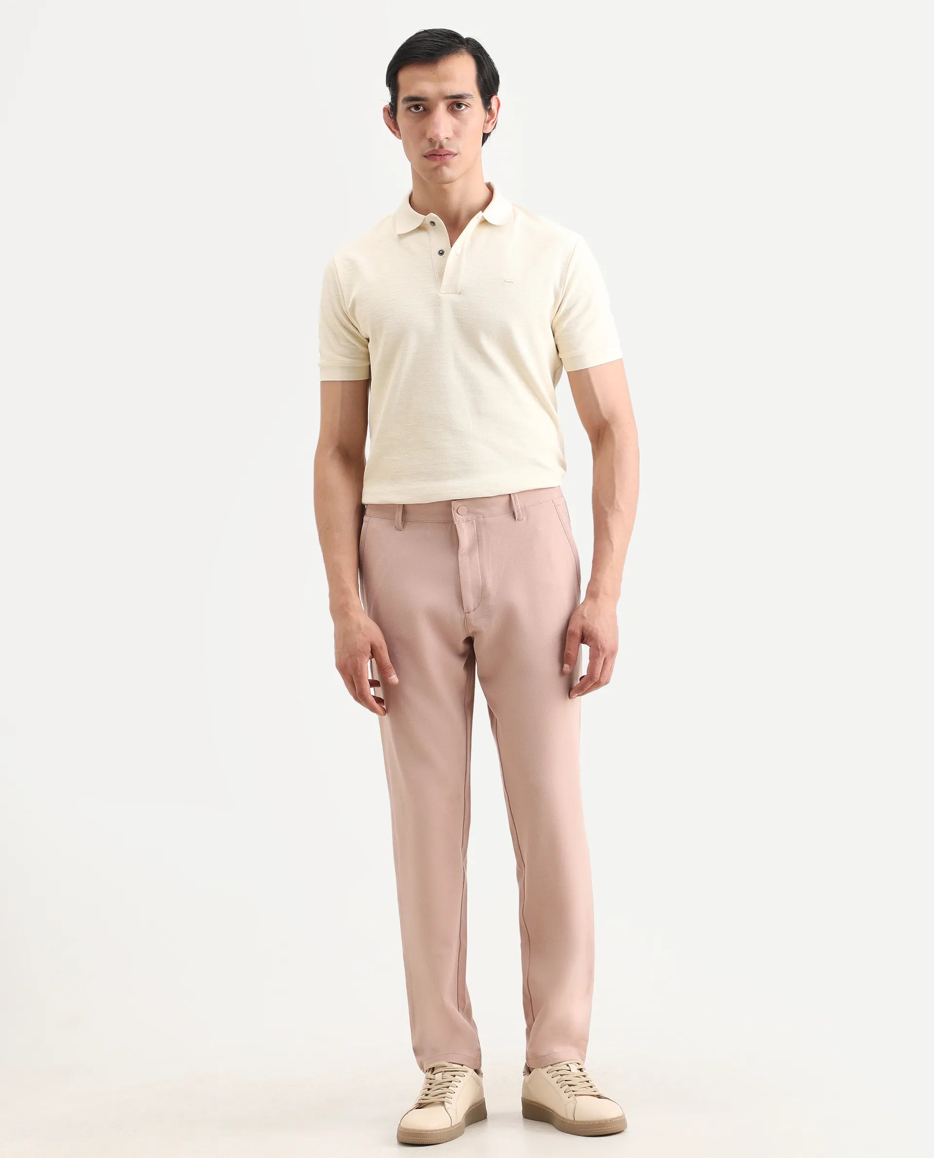 Rare Rabbit Men's Driver-Ss26 Dusky Peach Polyester Blend Fabric Regular Fit Plain Trouser
