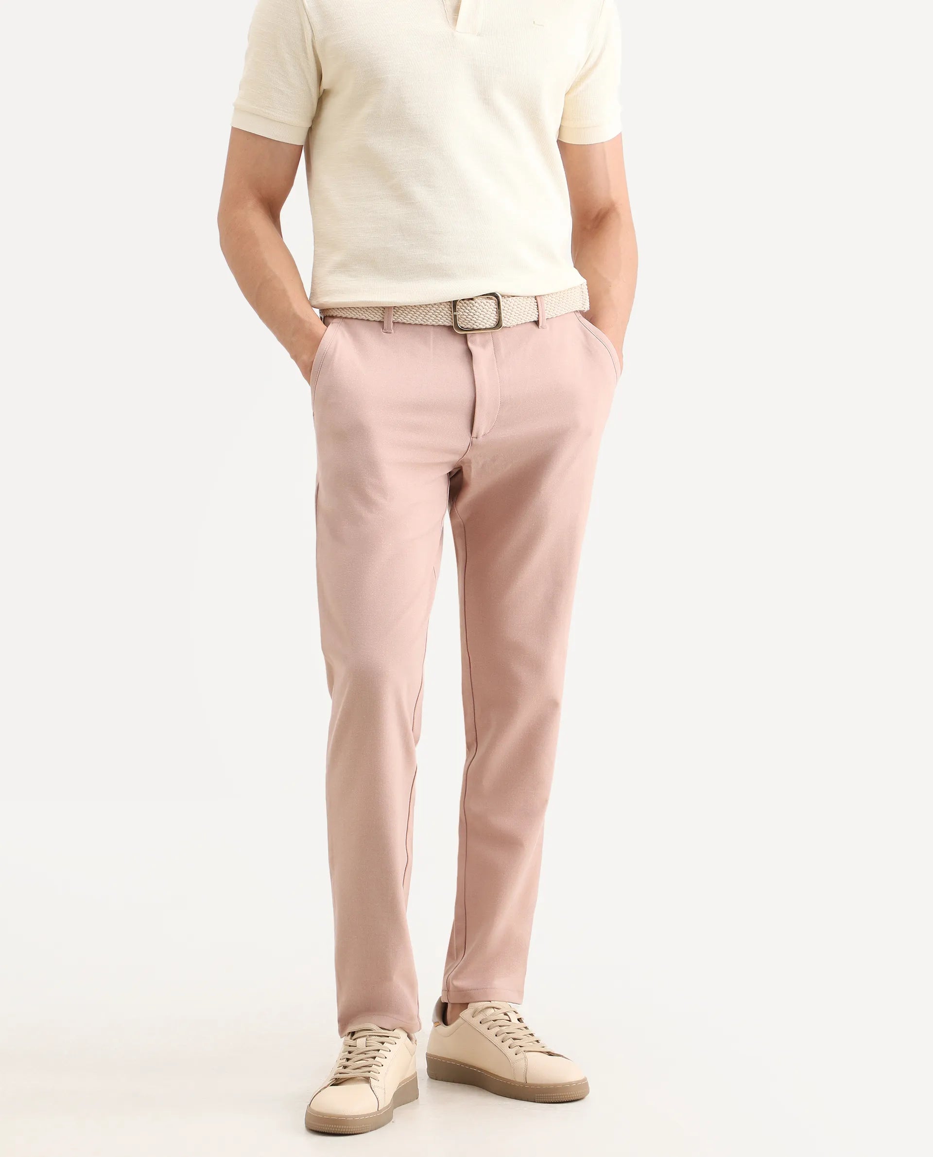 Rare Rabbit Men's Driver-Ss26 Dusky Peach Polyester Blend Fabric Regular Fit Plain Trouser
