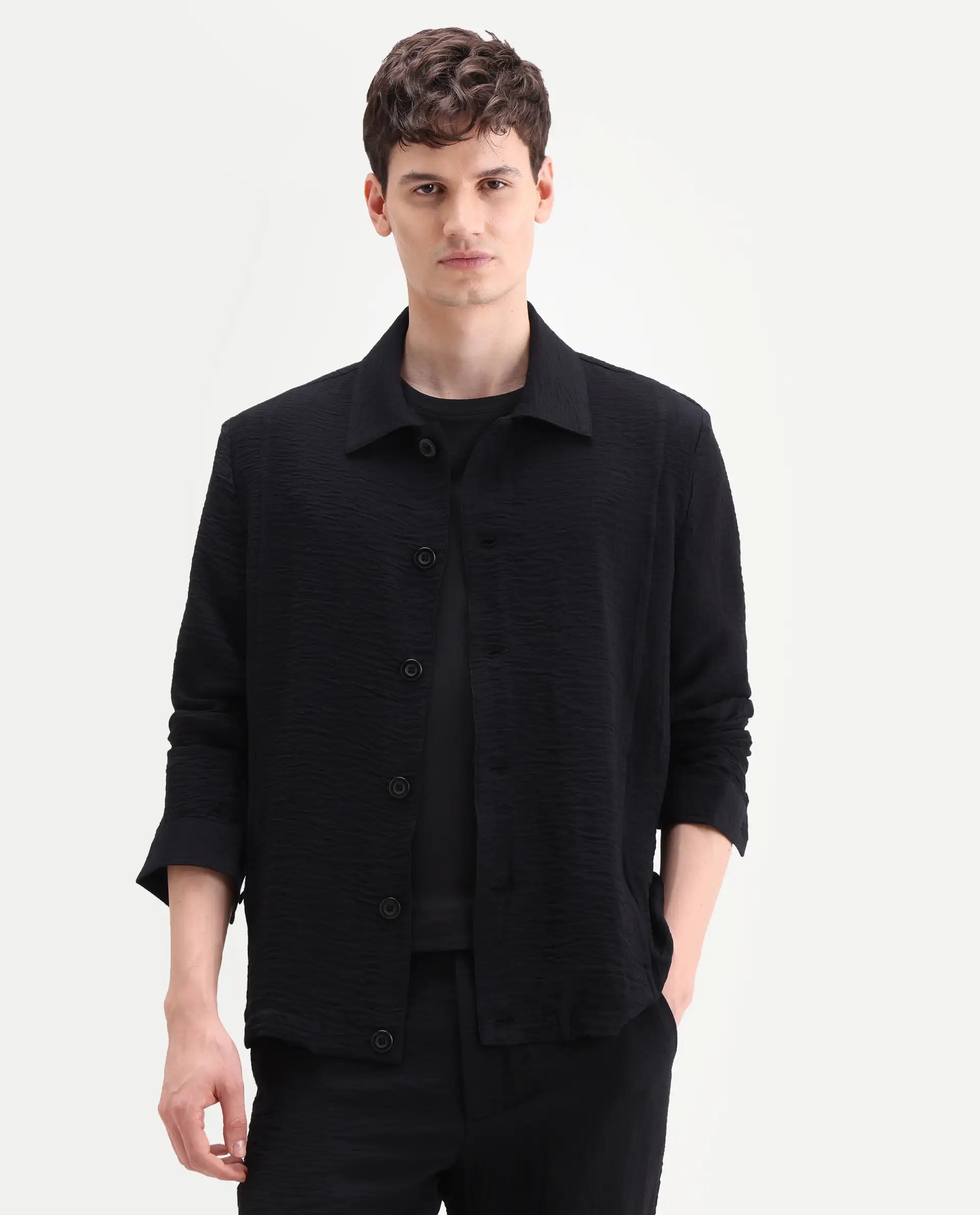 Rare Rabbit Men's Veon-J Black Viscose Blend Fabric Full Sleeve Spread Collar Regular Fit Plain Shacket