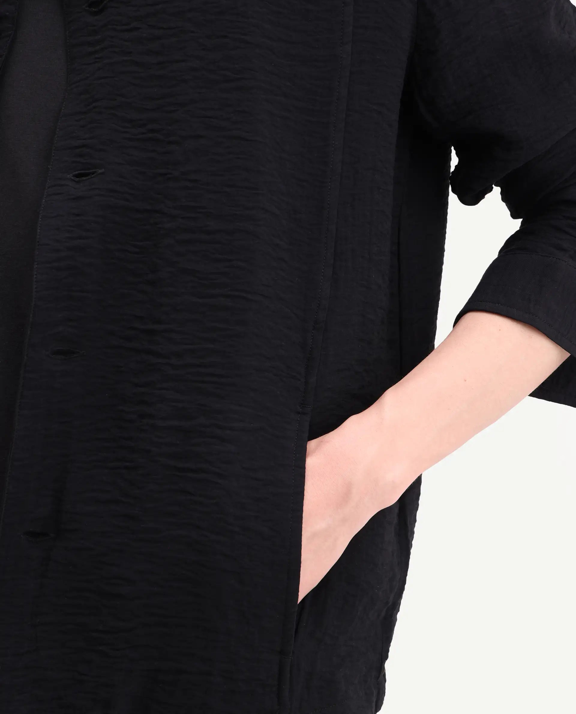 Rare Rabbit Men's Veon-J Black Viscose Blend Fabric Full Sleeve Spread Collar Regular Fit Plain Shacket