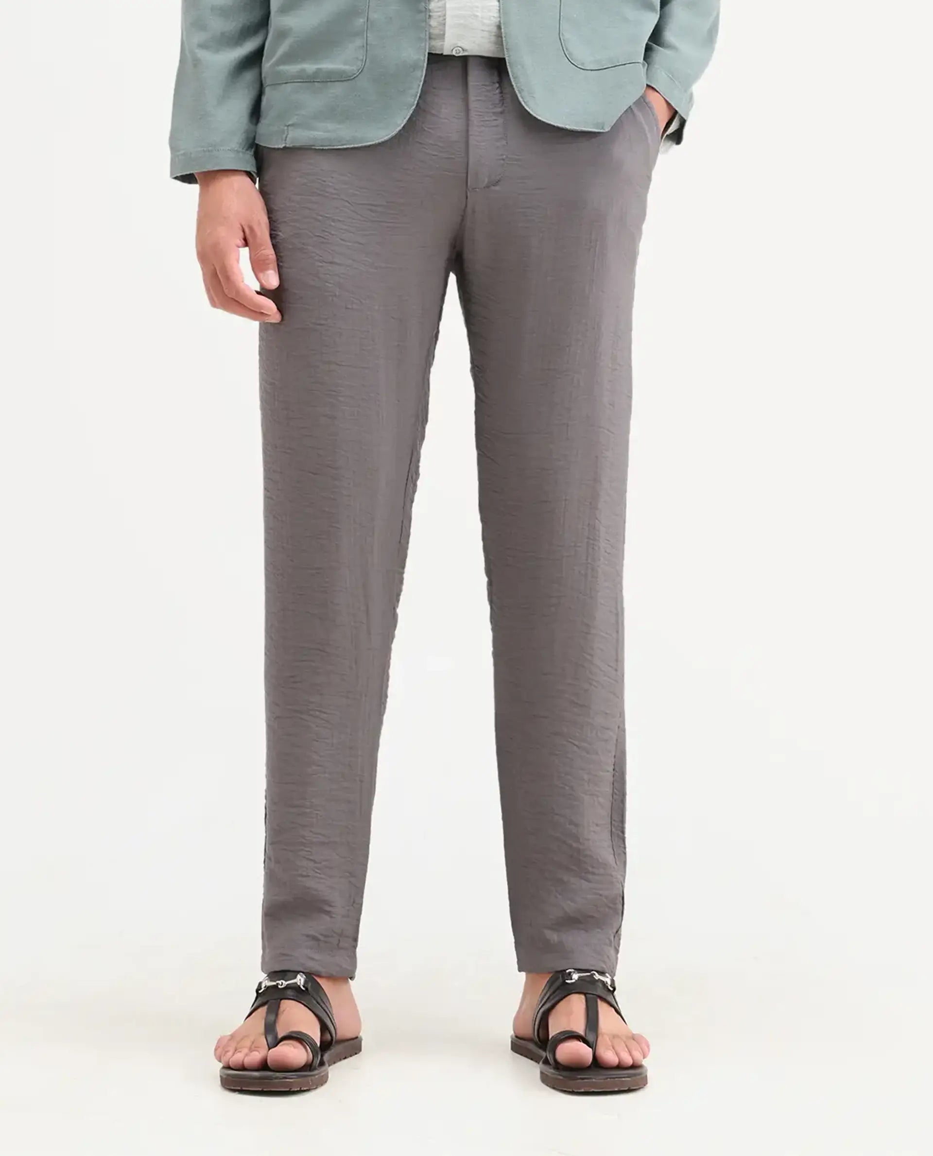 Rare Rabbit Men's Veon-T Dusky Grey Viscose Blend Fabric Regular Fit Plain Trouser