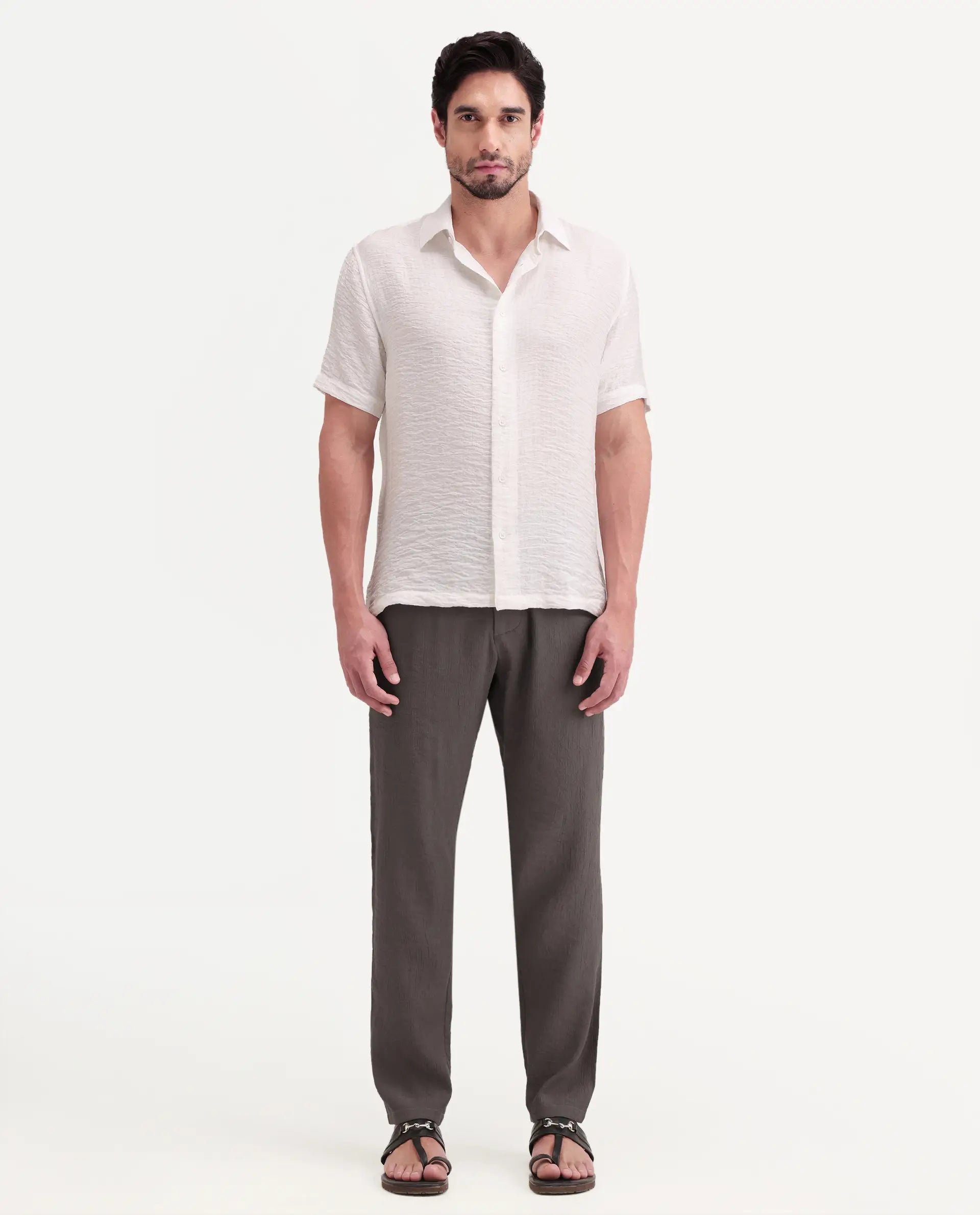 Rare Rabbit Men's Tali-T Dark Grey Viscose Blend Fabric Regular Fit Plain Trouser