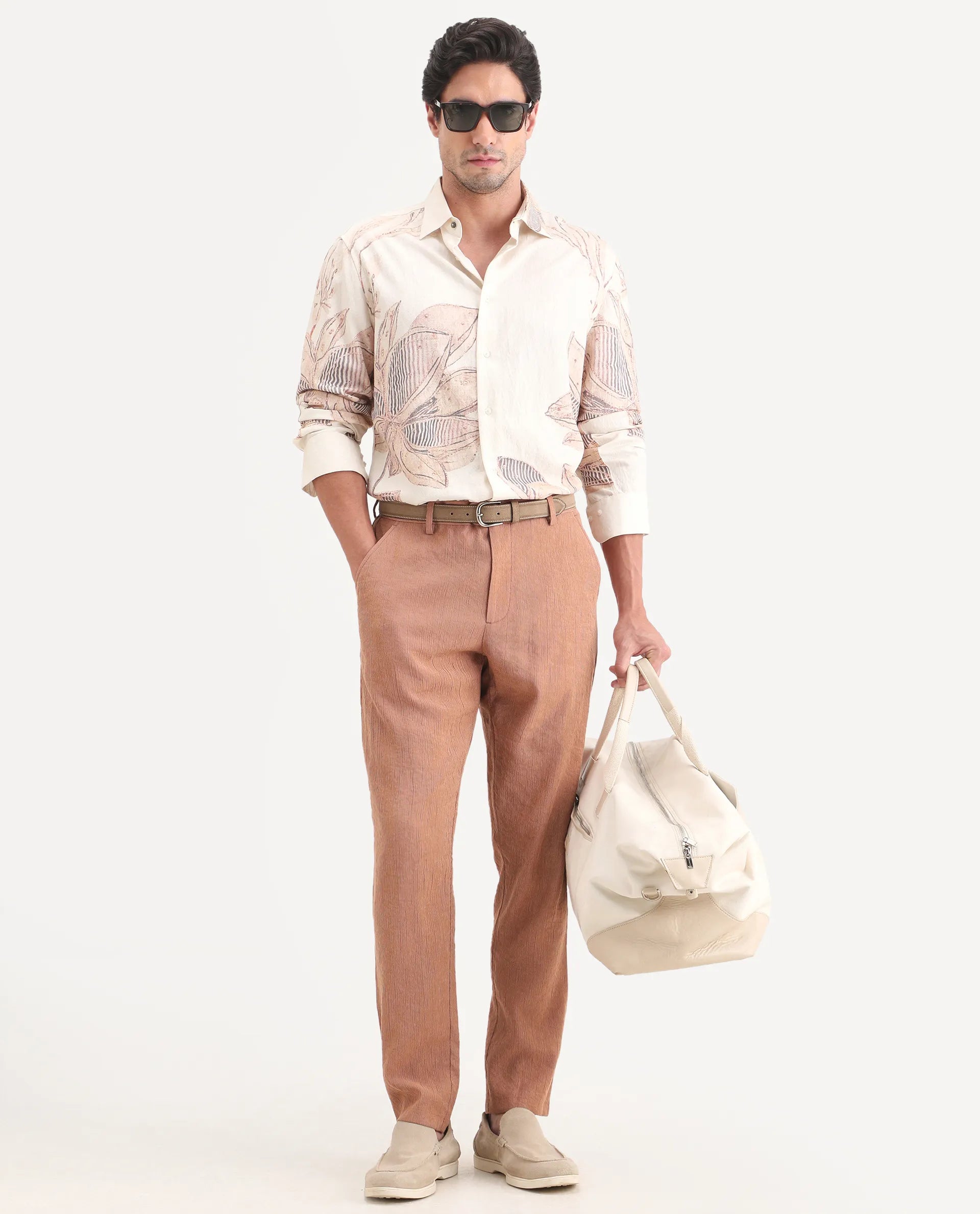 Rare Rabbit Men's Tali-T Dusky Rust Viscose Blend Fabric Regular Fit Plain Trouser