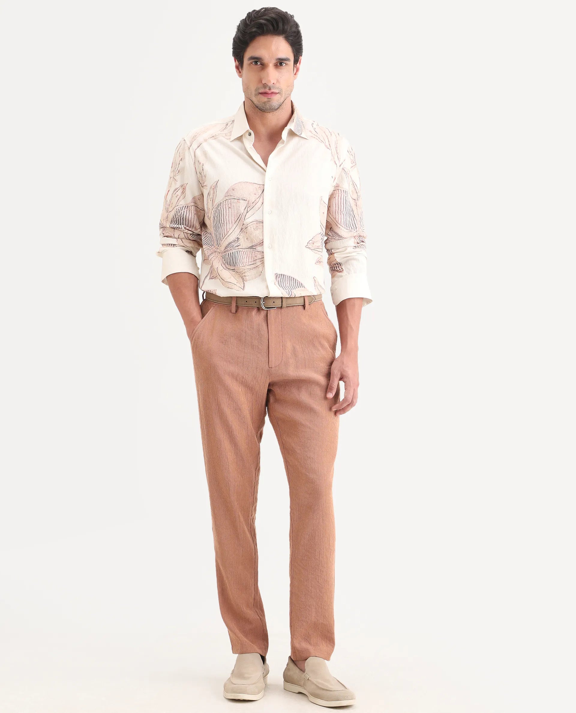 Rare Rabbit Men's Tali-T Dusky Rust Viscose Blend Fabric Regular Fit Plain Trouser