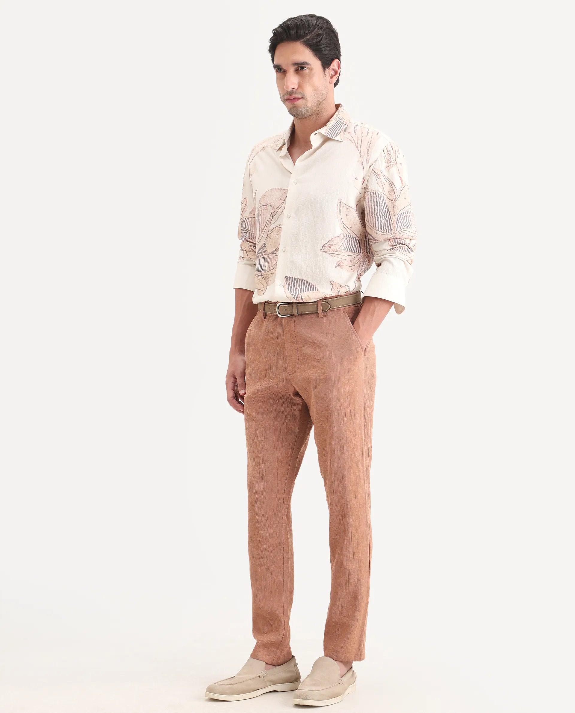 Rare Rabbit Men's Tali-T Dusky Rust Viscose Blend Fabric Regular Fit Plain Trouser