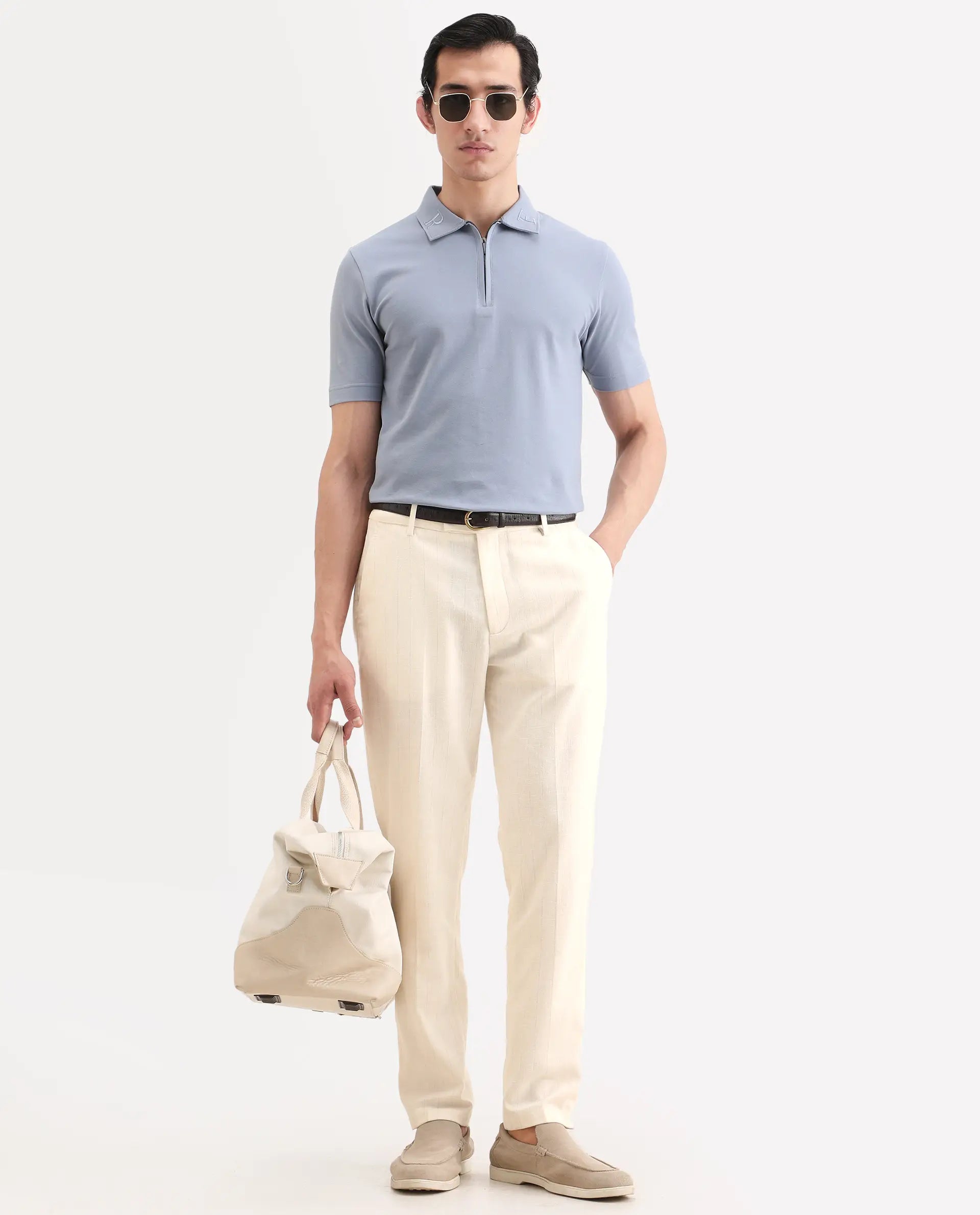 Rare Rabbit Men's Jlo-Ss26 Beige Linen Blend Fabric Regular Fit Striped Trouser