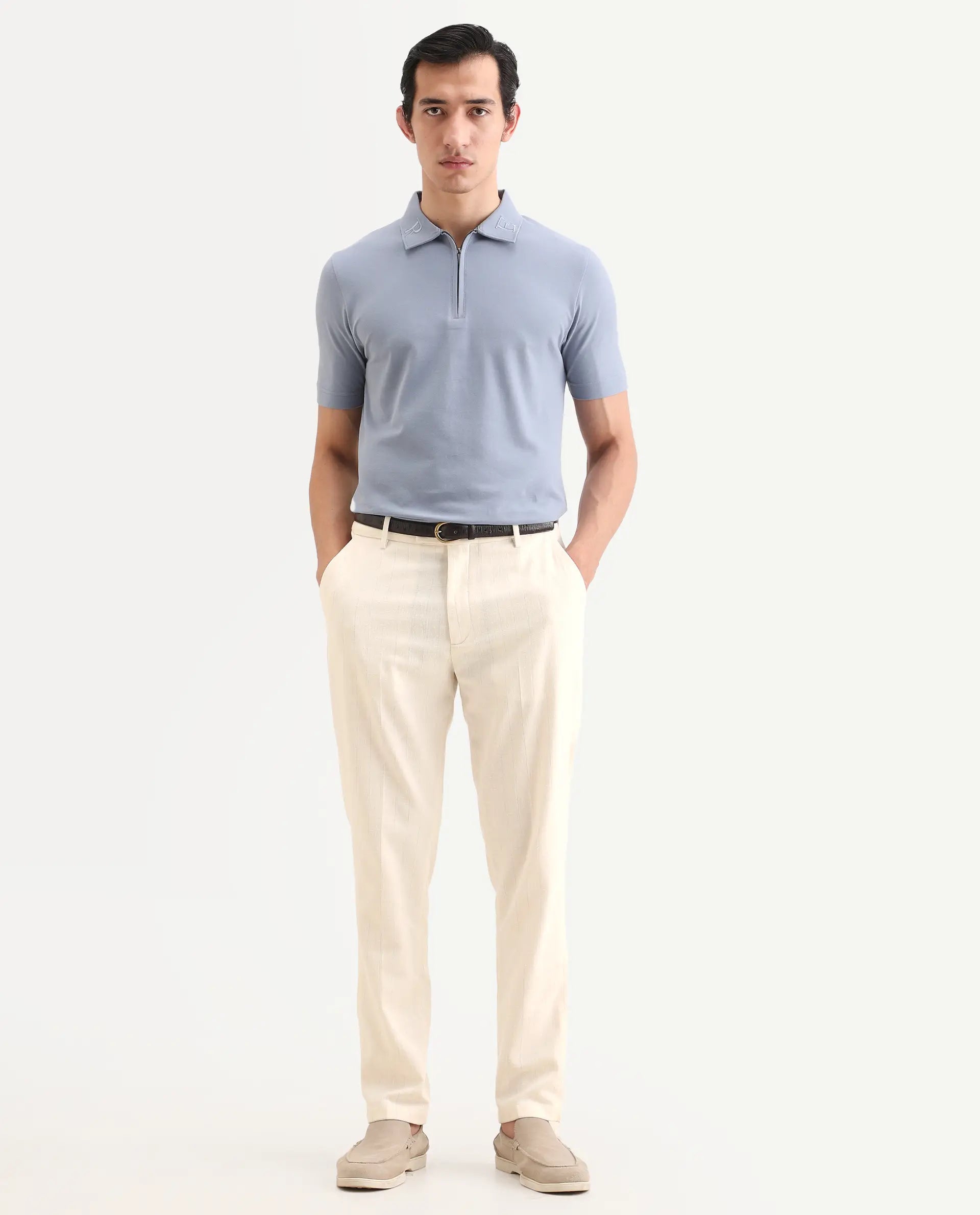 Rare Rabbit Men's Jlo-Ss26 Beige Linen Blend Fabric Regular Fit Striped Trouser