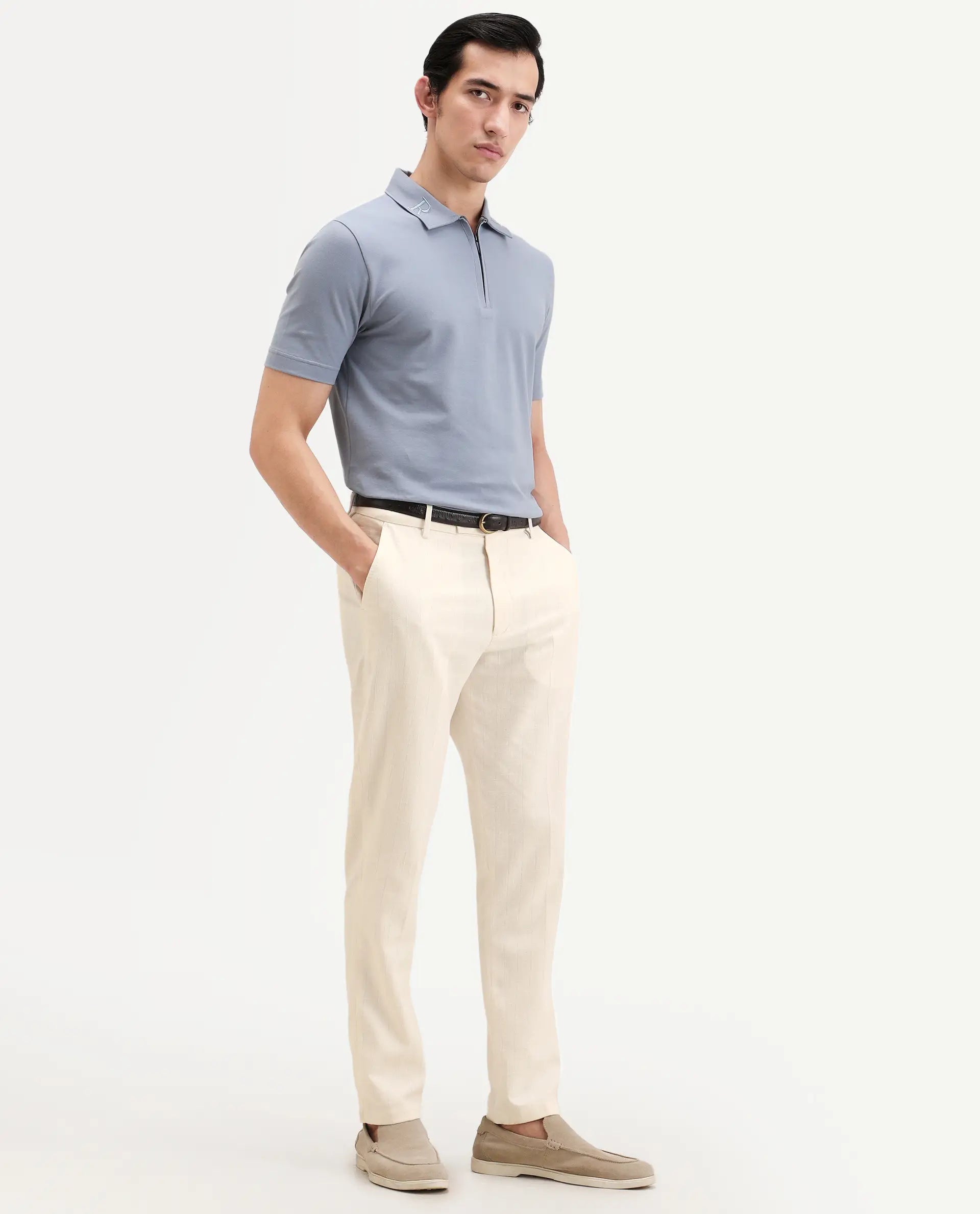 Rare Rabbit Men's Jlo-Ss26 Beige Linen Blend Fabric Regular Fit Striped Trouser