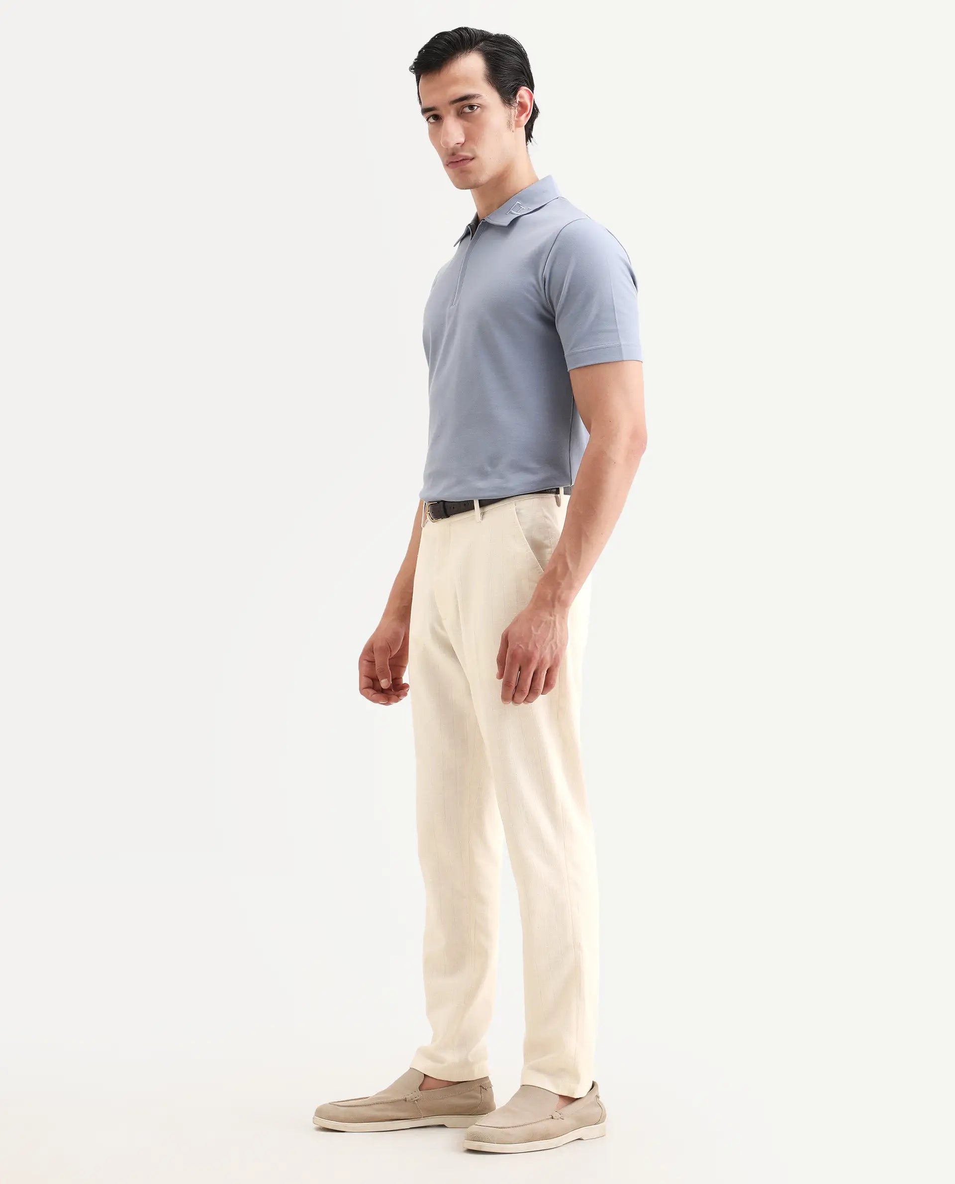 Rare Rabbit Men's Jlo-Ss26 Beige Linen Blend Fabric Regular Fit Striped Trouser