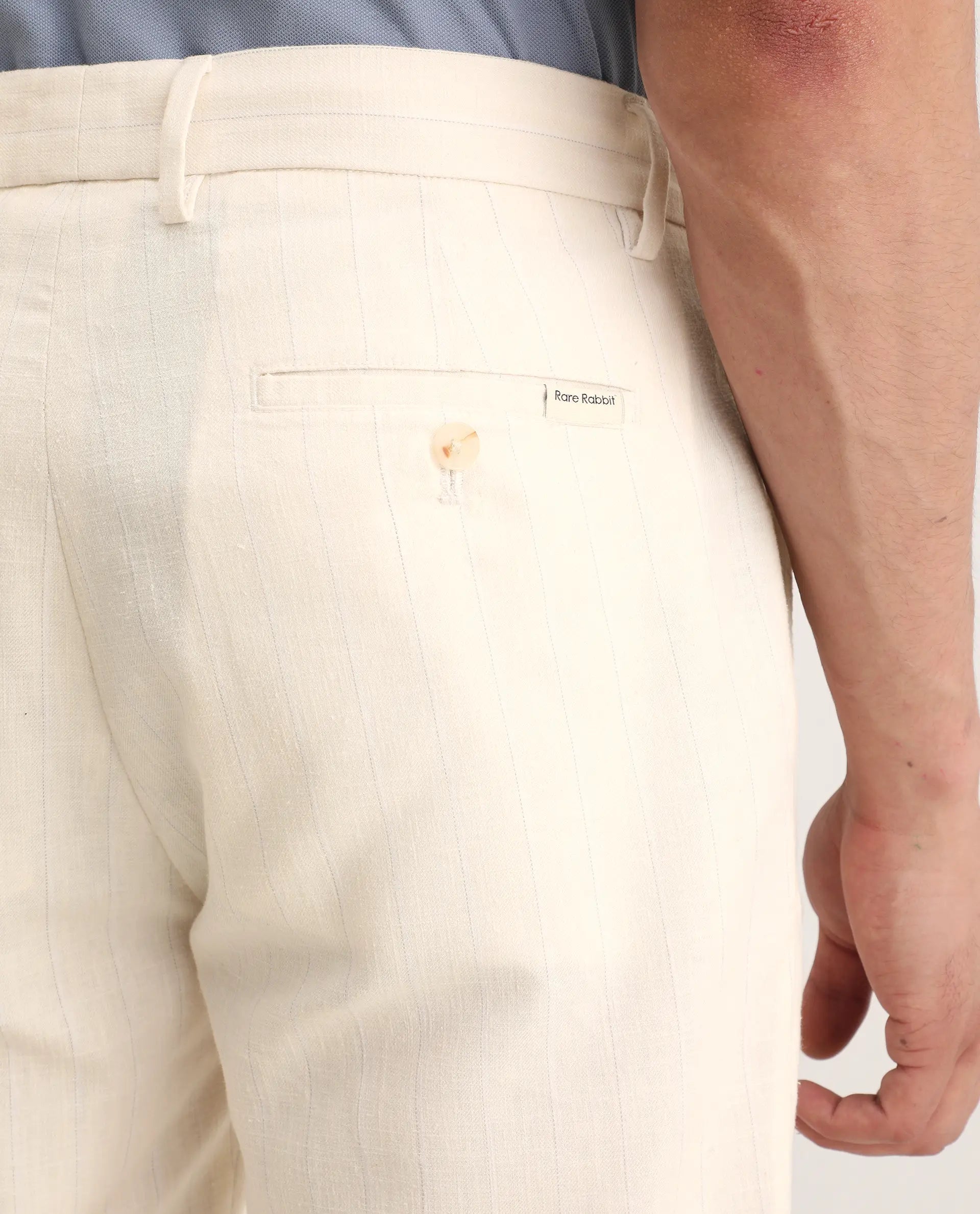 Rare Rabbit Men's Jlo-Ss26 Beige Linen Blend Fabric Regular Fit Striped Trouser