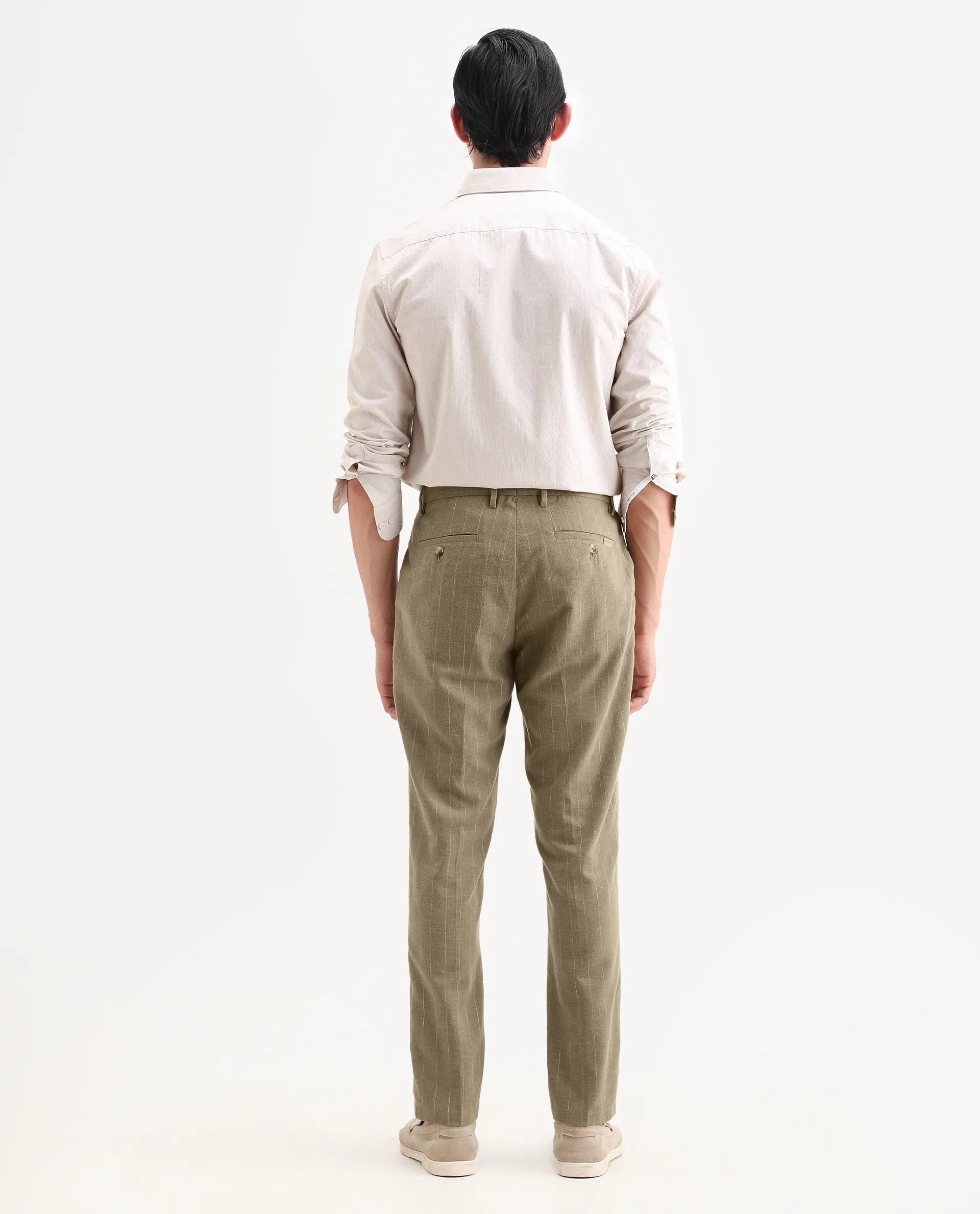 Rare Rabbit Men's Jlo-Ss26 Khaki Linen Blend Fabric Regular Fit Striped Trouser