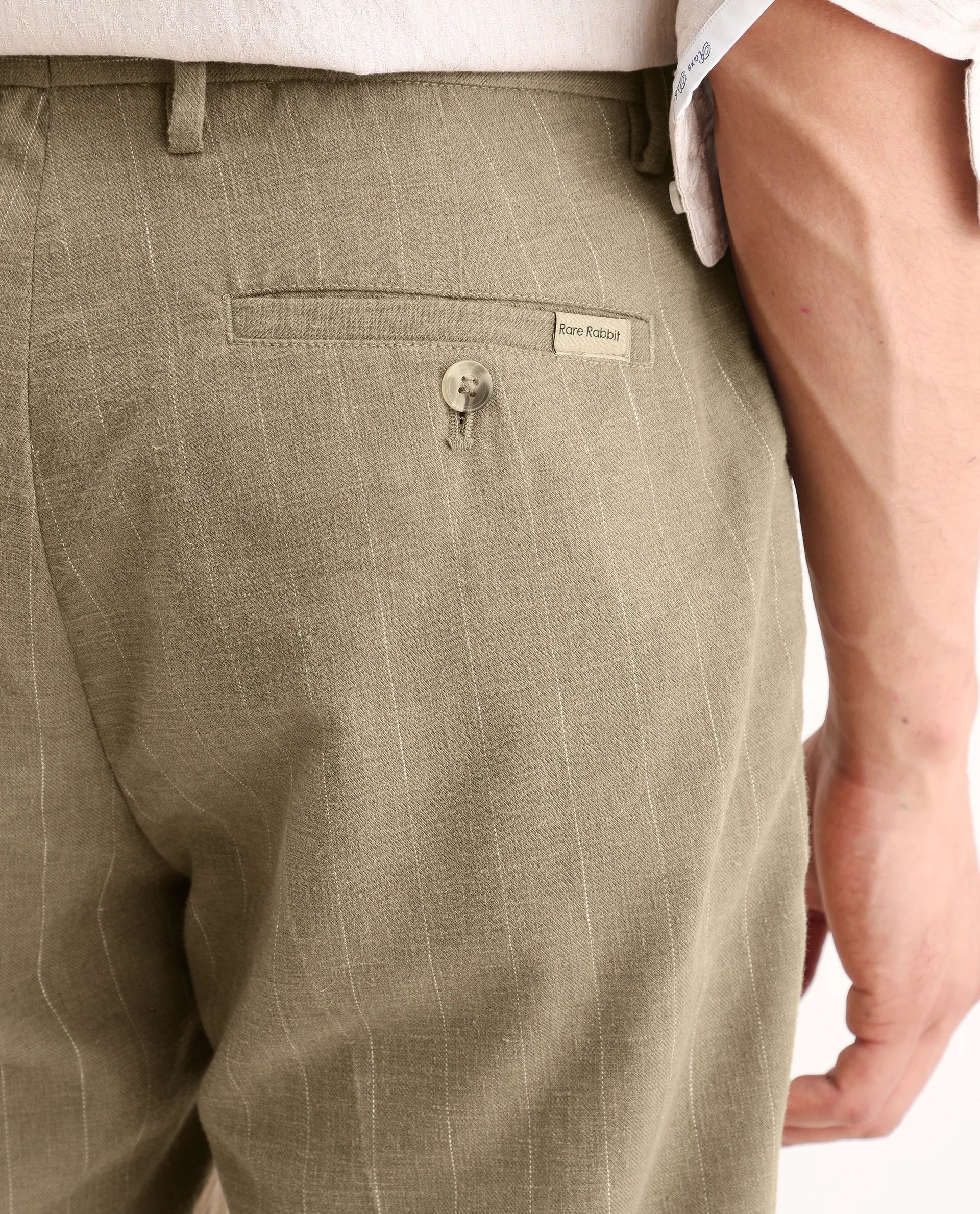 Rare Rabbit Men's Jlo-Ss26 Khaki Linen Blend Fabric Regular Fit Striped Trouser