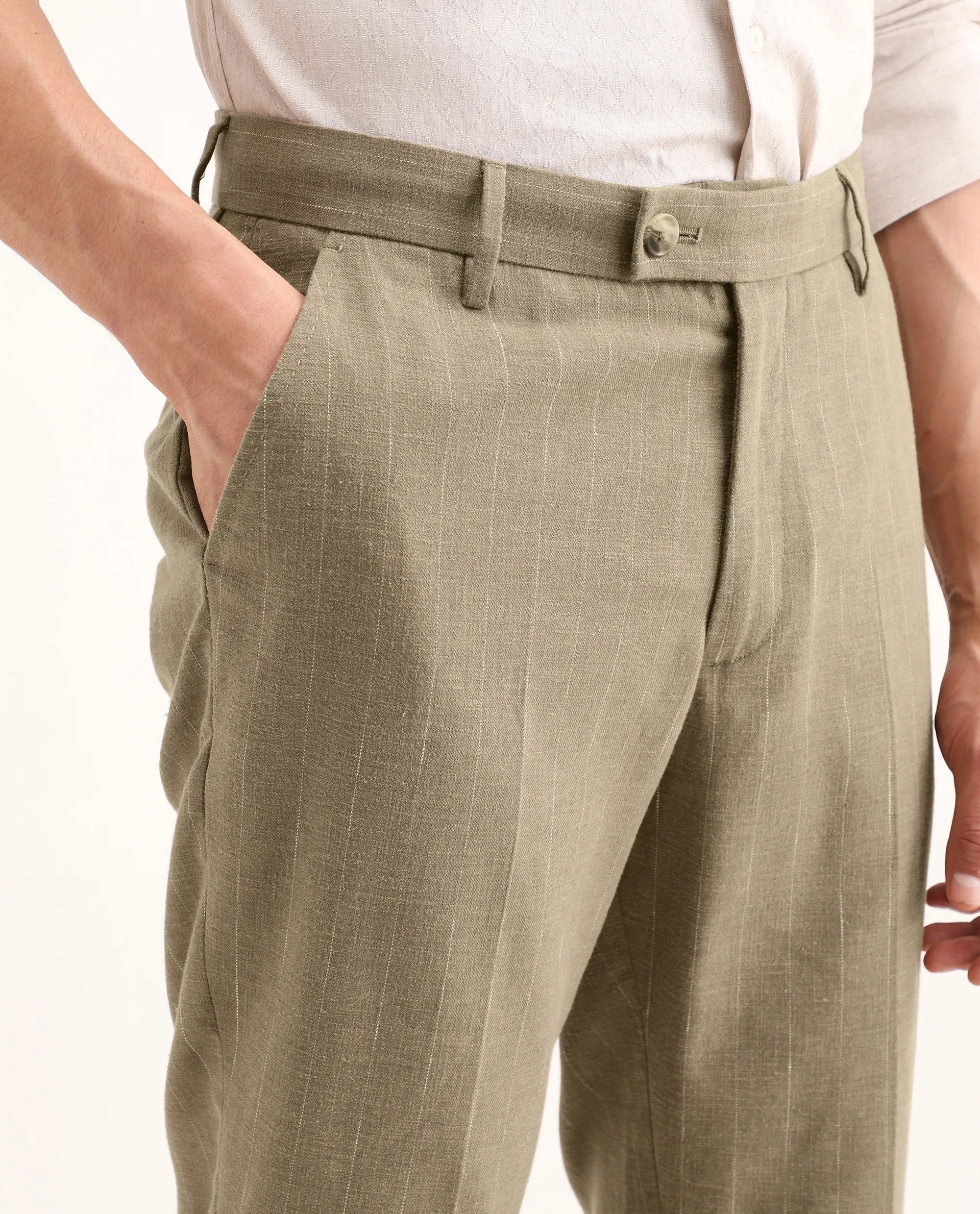 Rare Rabbit Men's Jlo-Ss26 Khaki Linen Blend Fabric Regular Fit Striped Trouser
