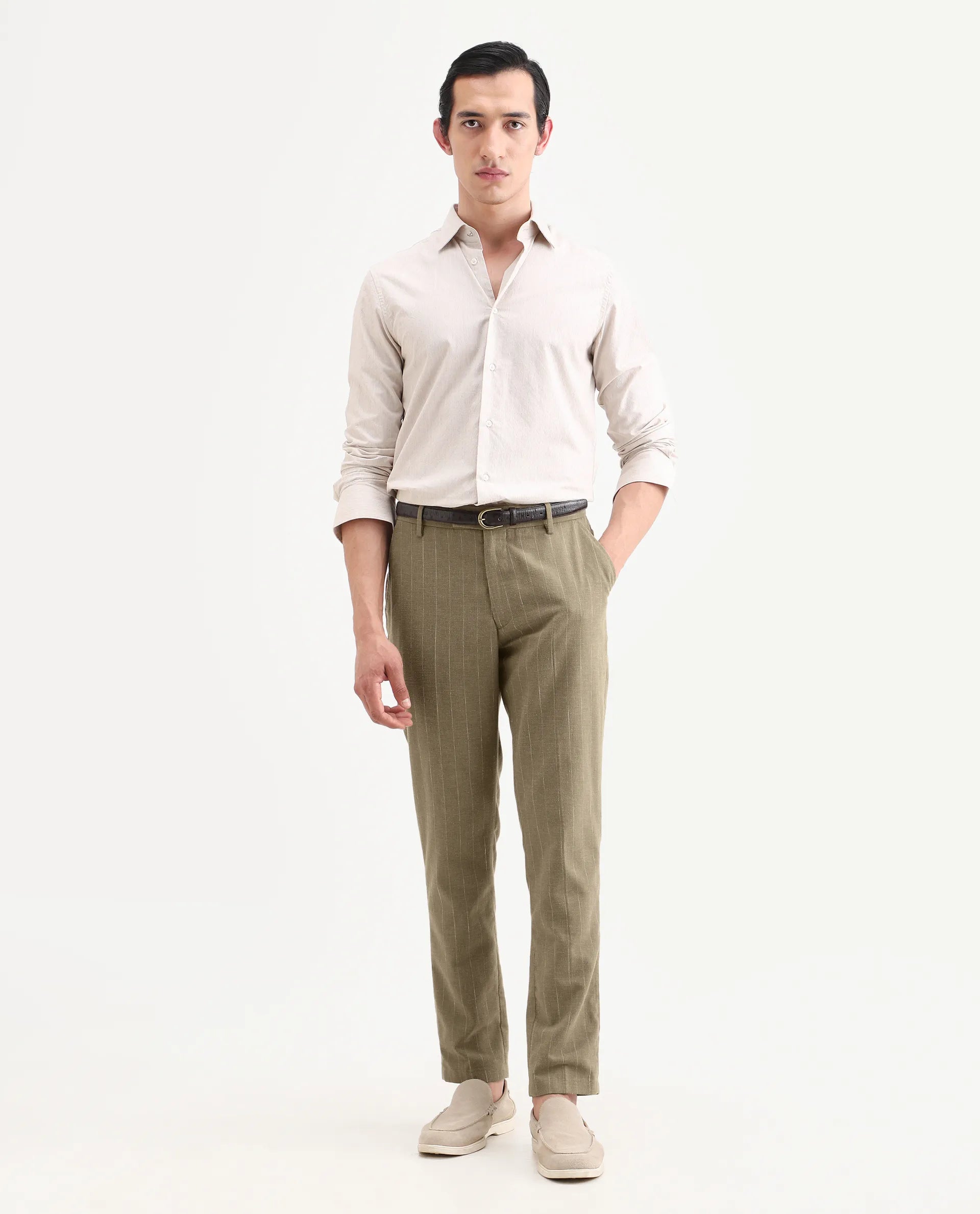 Rare Rabbit Men's Jlo-Ss26 Khaki Linen Blend Fabric Regular Fit Striped Trouser