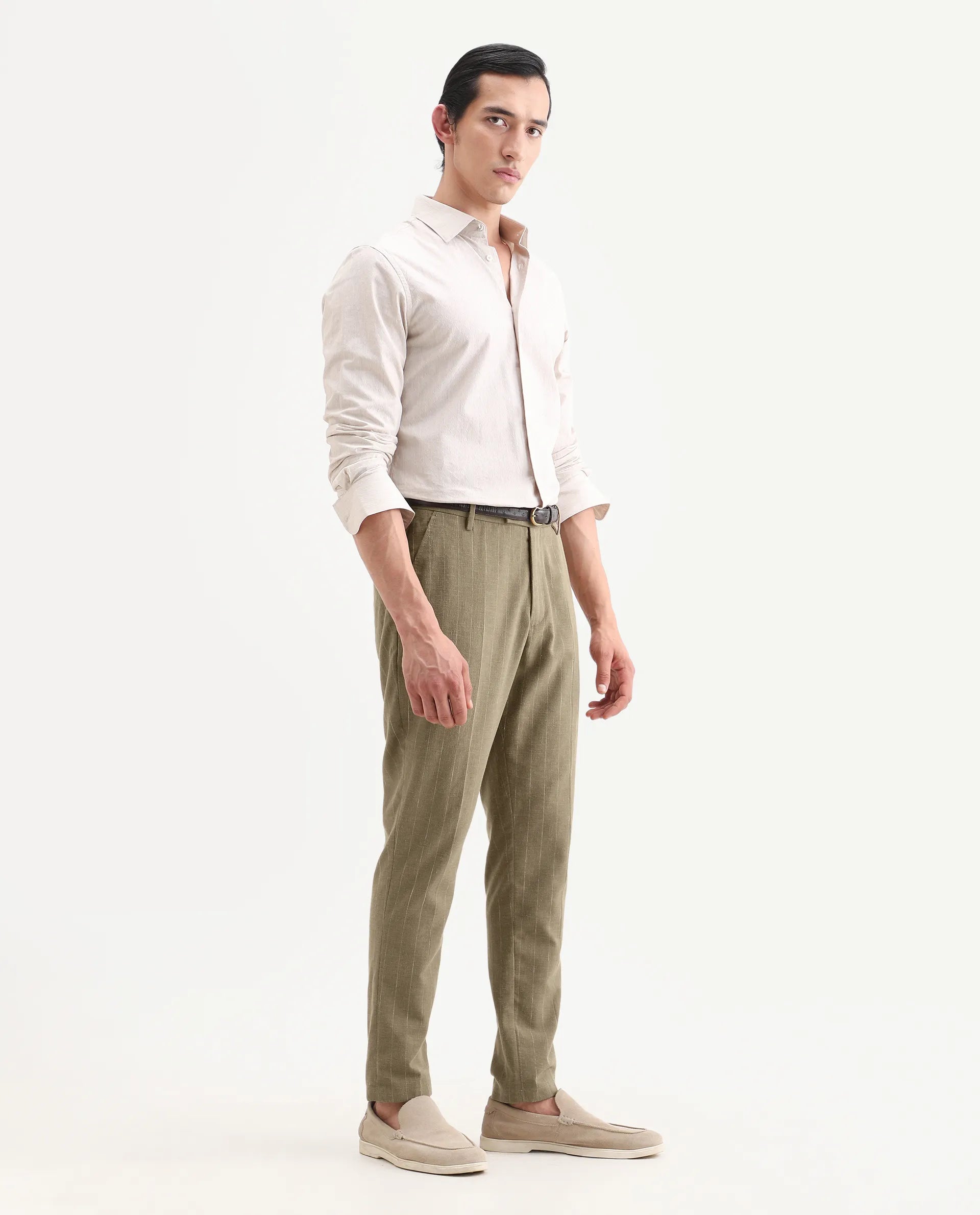 Rare Rabbit Men's Jlo-Ss26 Khaki Linen Blend Fabric Regular Fit Striped Trouser