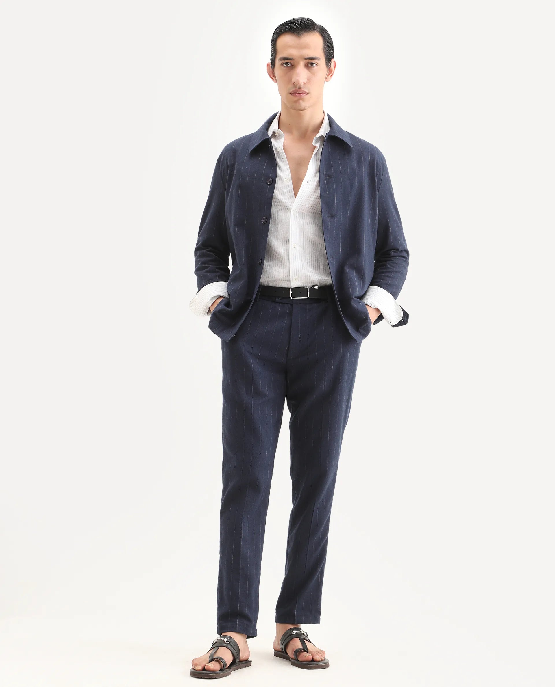 Rare Rabbit Men's Jlo-Ss26 Navy Linen Blend Fabric Regular Fit Striped Trouser
