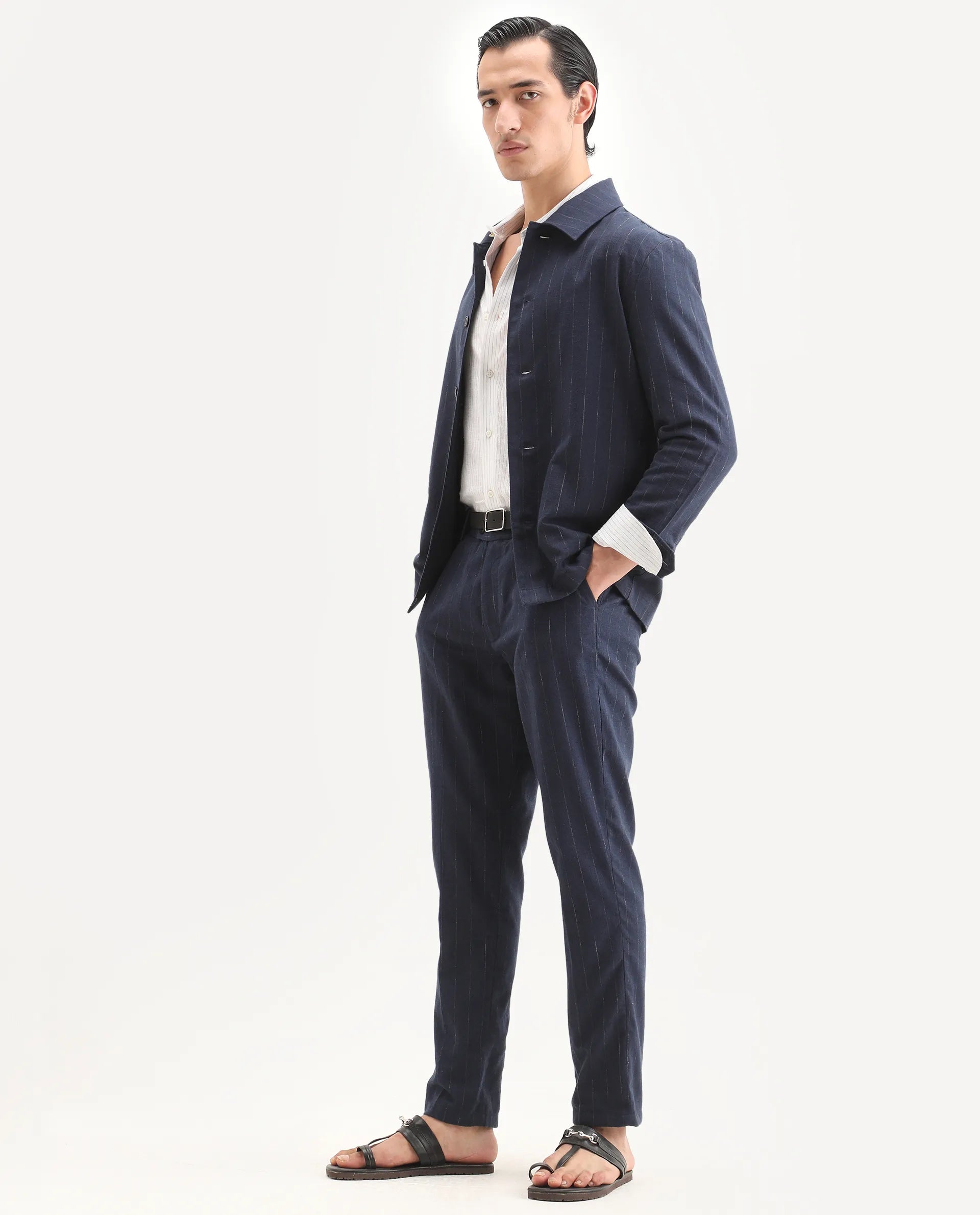 Rare Rabbit Men's Jlo-Ss26 Navy Linen Blend Fabric Regular Fit Striped Trouser