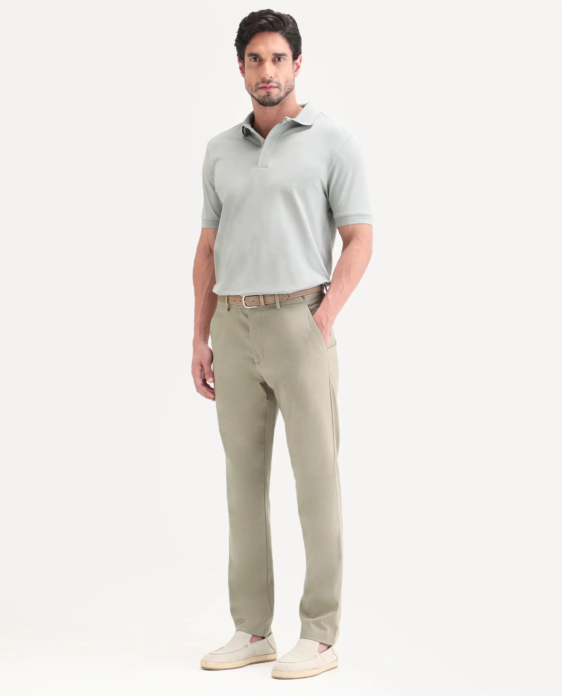 Rare Rabbit Men's Mang Dusky Green Polyester Blend Fabric Regular Fit Plain Trouser