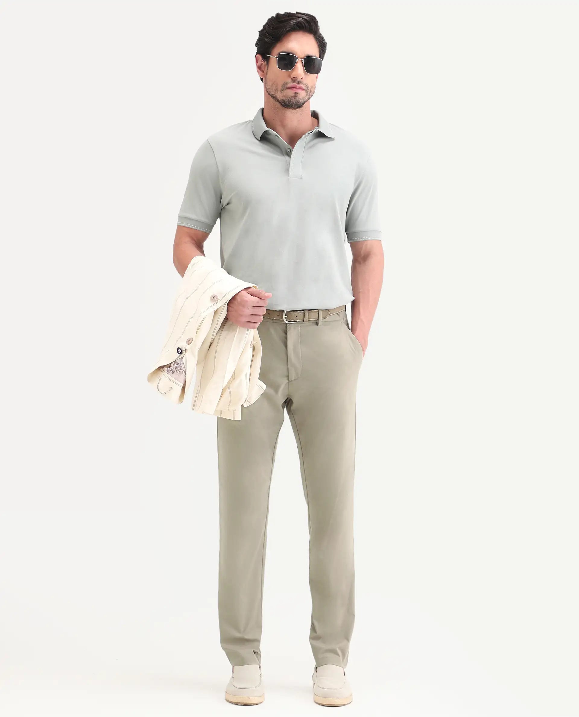 Rare Rabbit Men's Mang Dusky Green Polyester Blend Fabric Regular Fit Plain Trouser