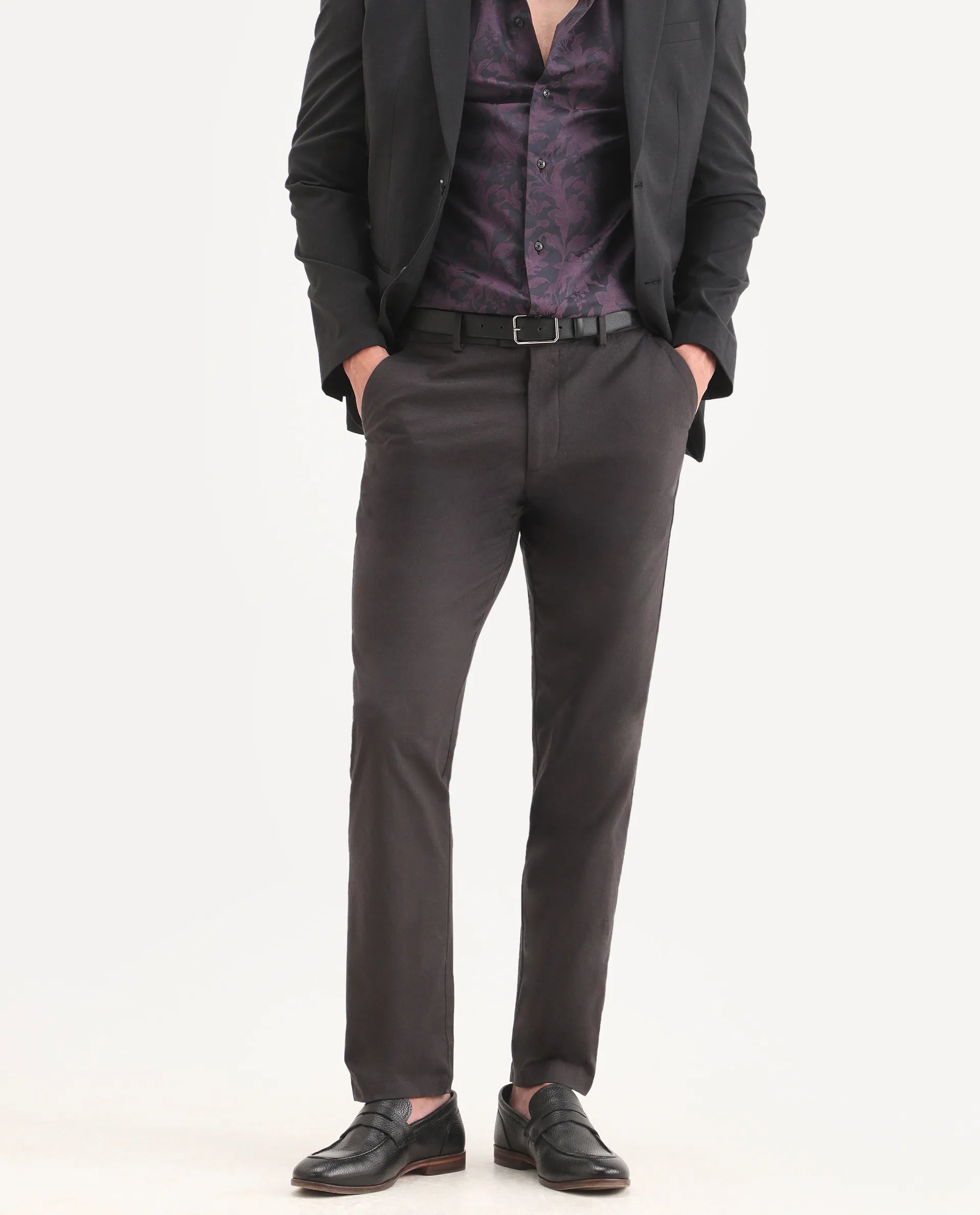Rare Rabbit Men's Mang Dark Grey Polyester Blend Fabric Regular Fit Plain Trouser