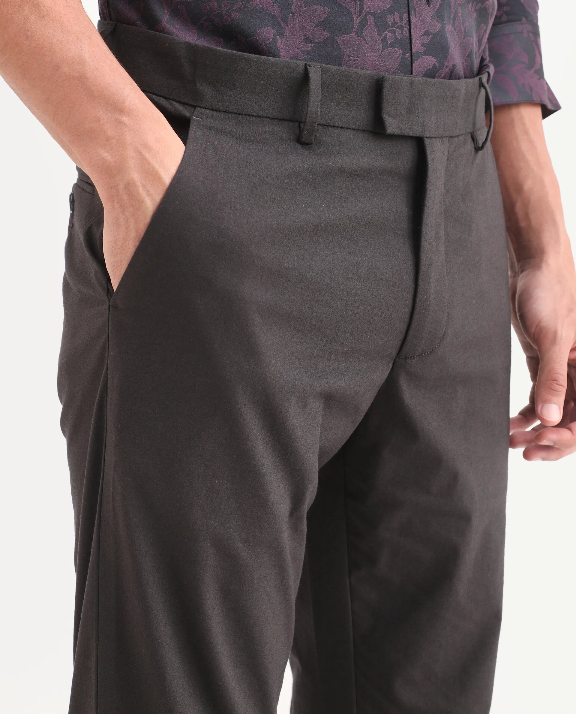 Rare Rabbit Men's Mang Dark Grey Polyester Blend Fabric Regular Fit Plain Trouser