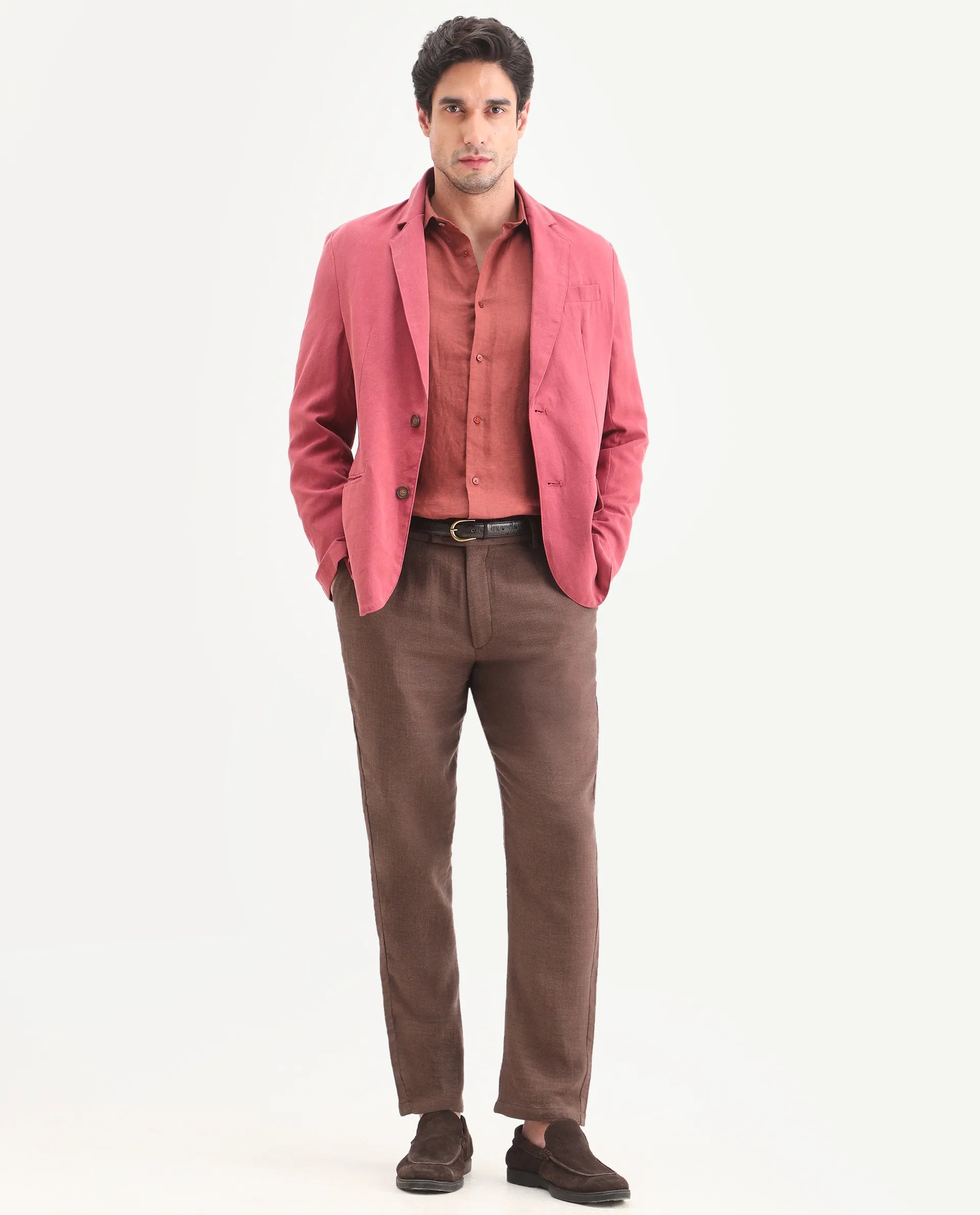 Rare Rabbit Men's Post Brown Cotton Blend Fabric Regular Fit Plain Trouser