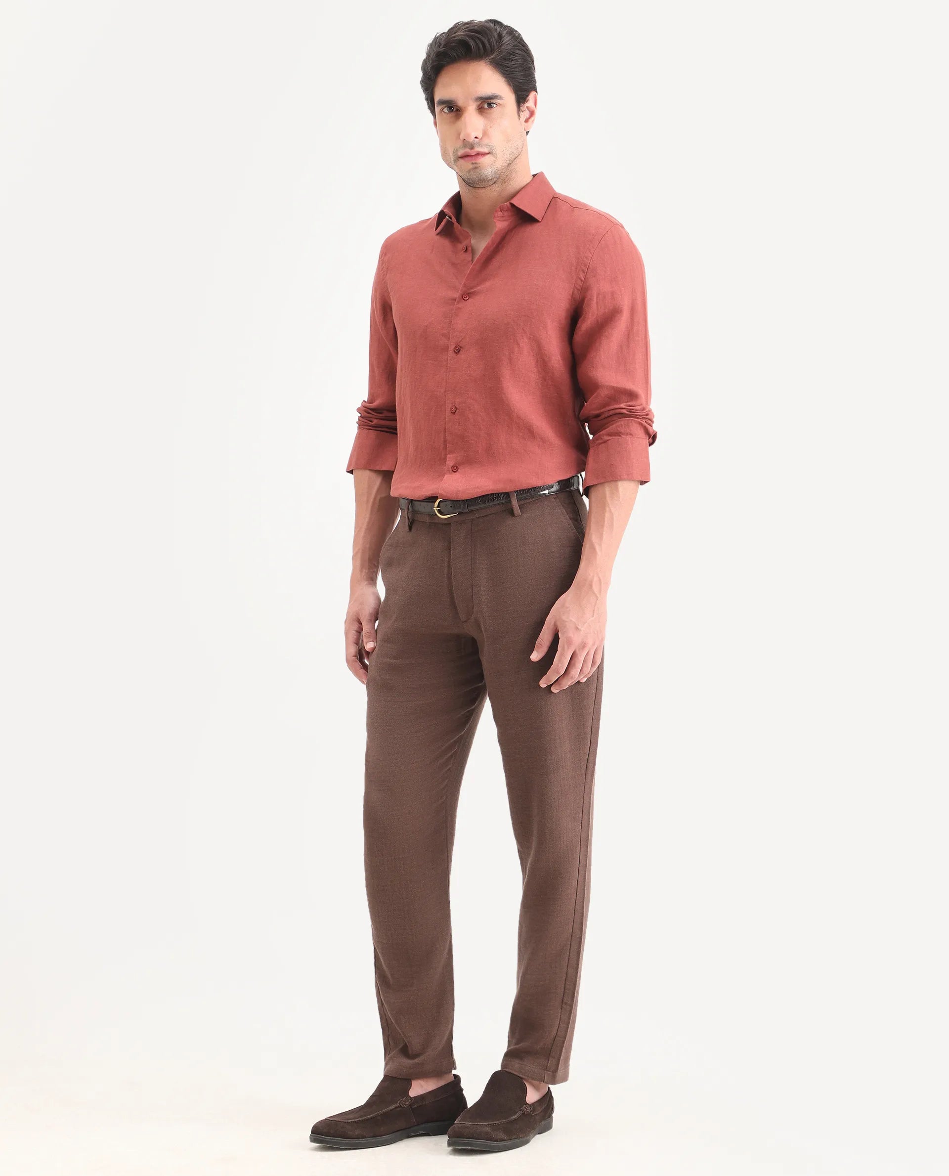 Rare Rabbit Men's Post Brown Cotton Blend Fabric Regular Fit Plain Trouser