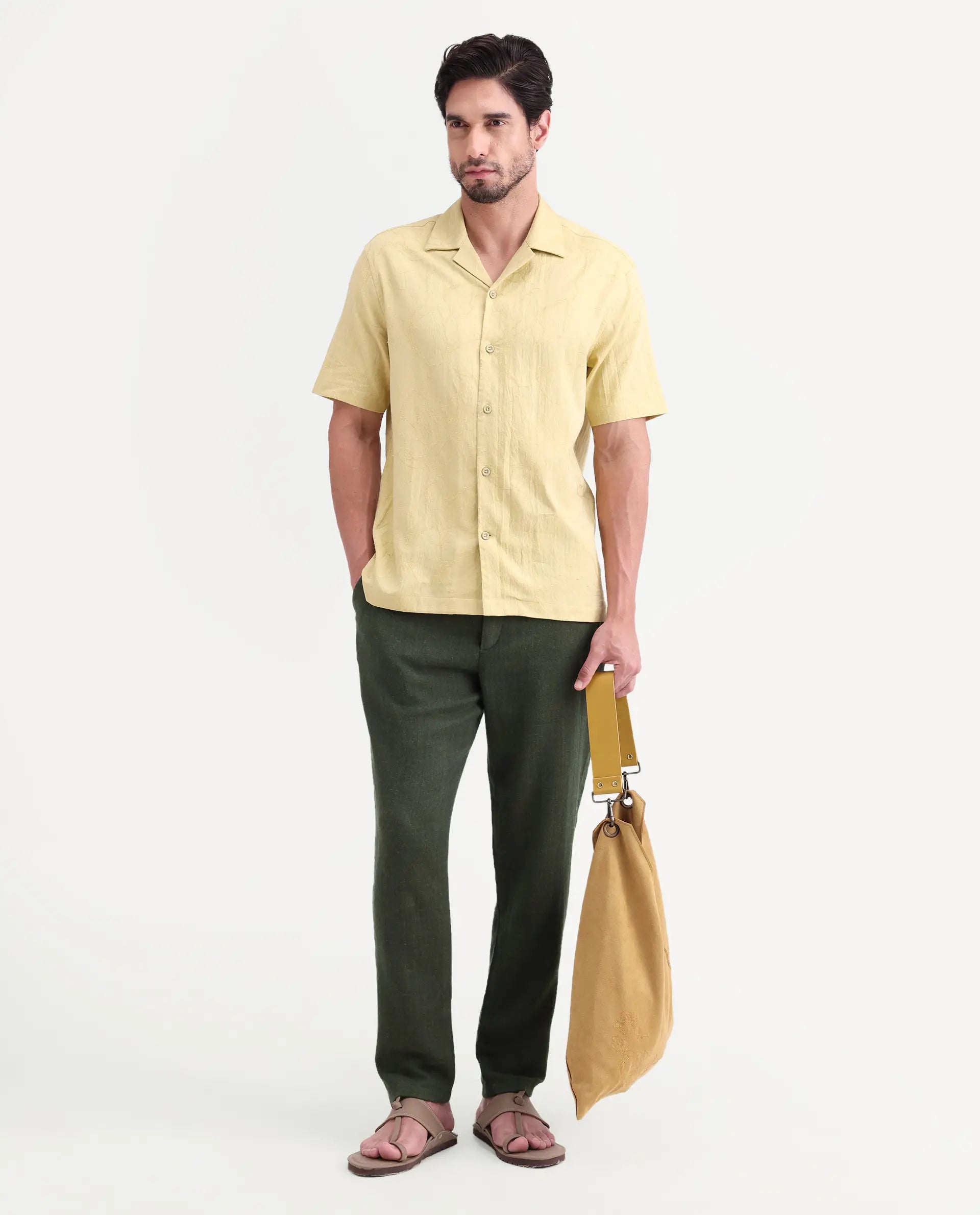 Rare Rabbit Men's Post Olive Cotton Blend Fabric Regular Fit Plain Trouser