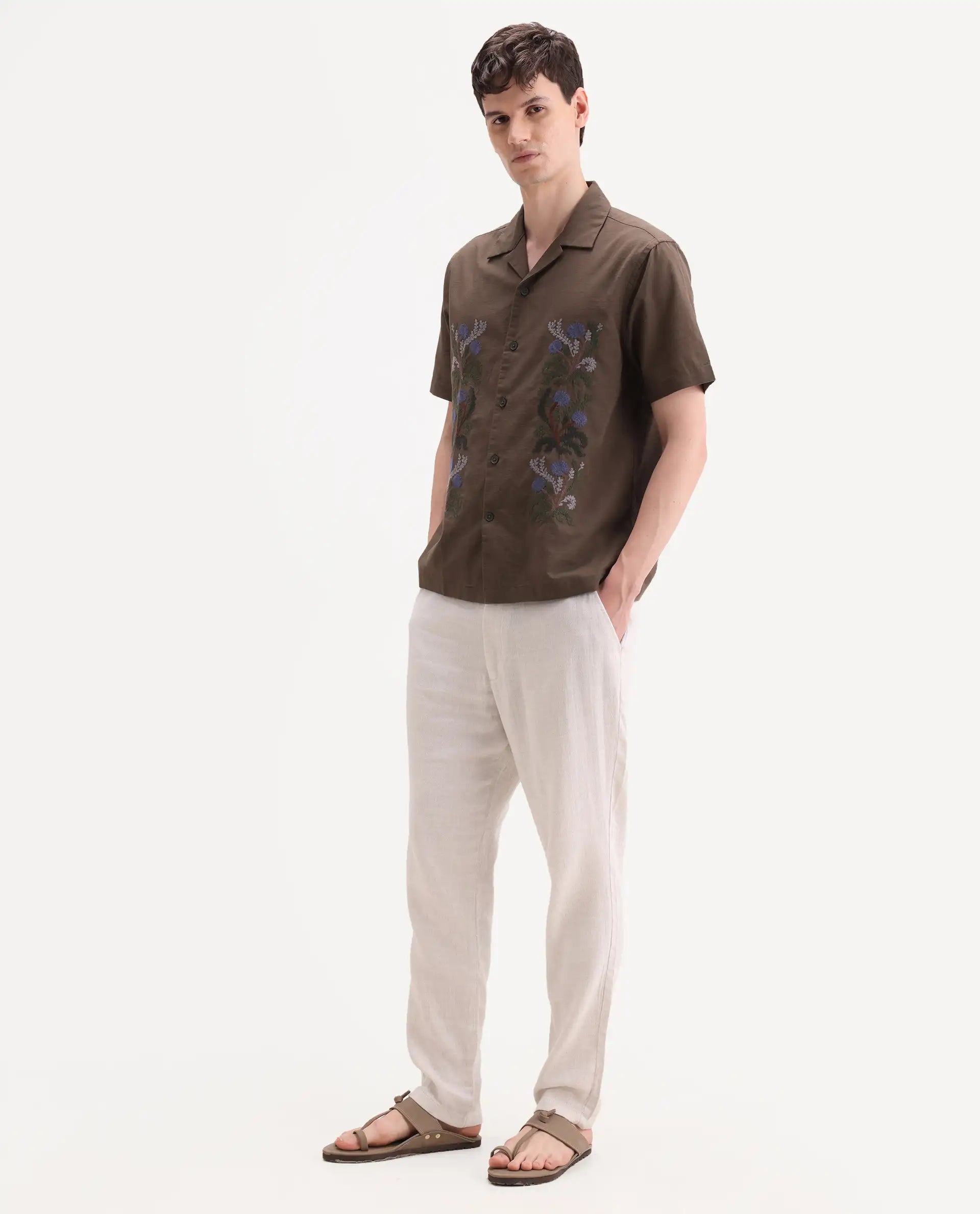 Rare Rabbit Men's Post Off White Cotton Blend Fabric Regular Fit Plain Trouser