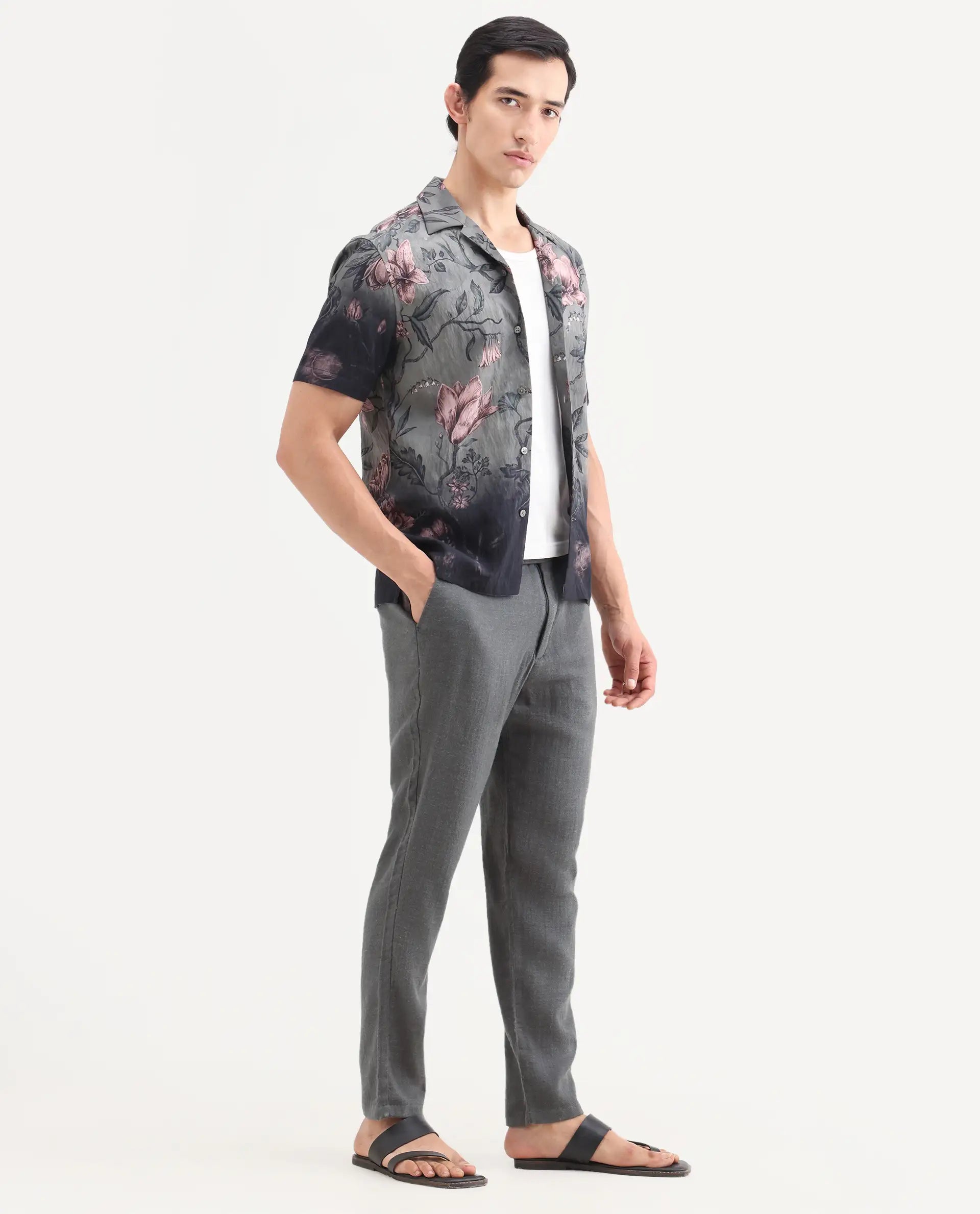 Rare Rabbit Men's Post Grey Cotton Blend Fabric Regular Fit Plain Trouser