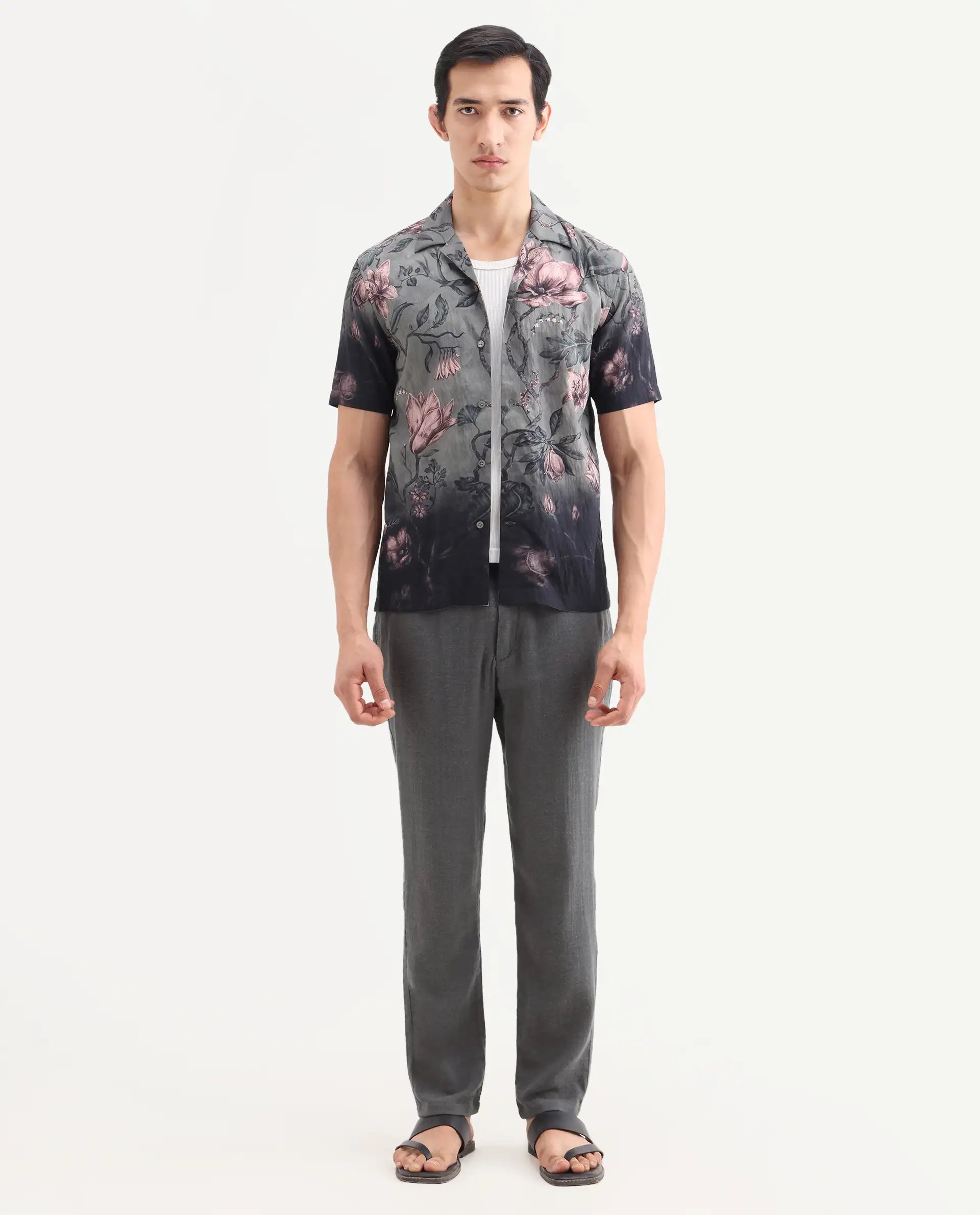 Rare Rabbit Men's Post Grey Cotton Blend Fabric Regular Fit Plain Trouser
