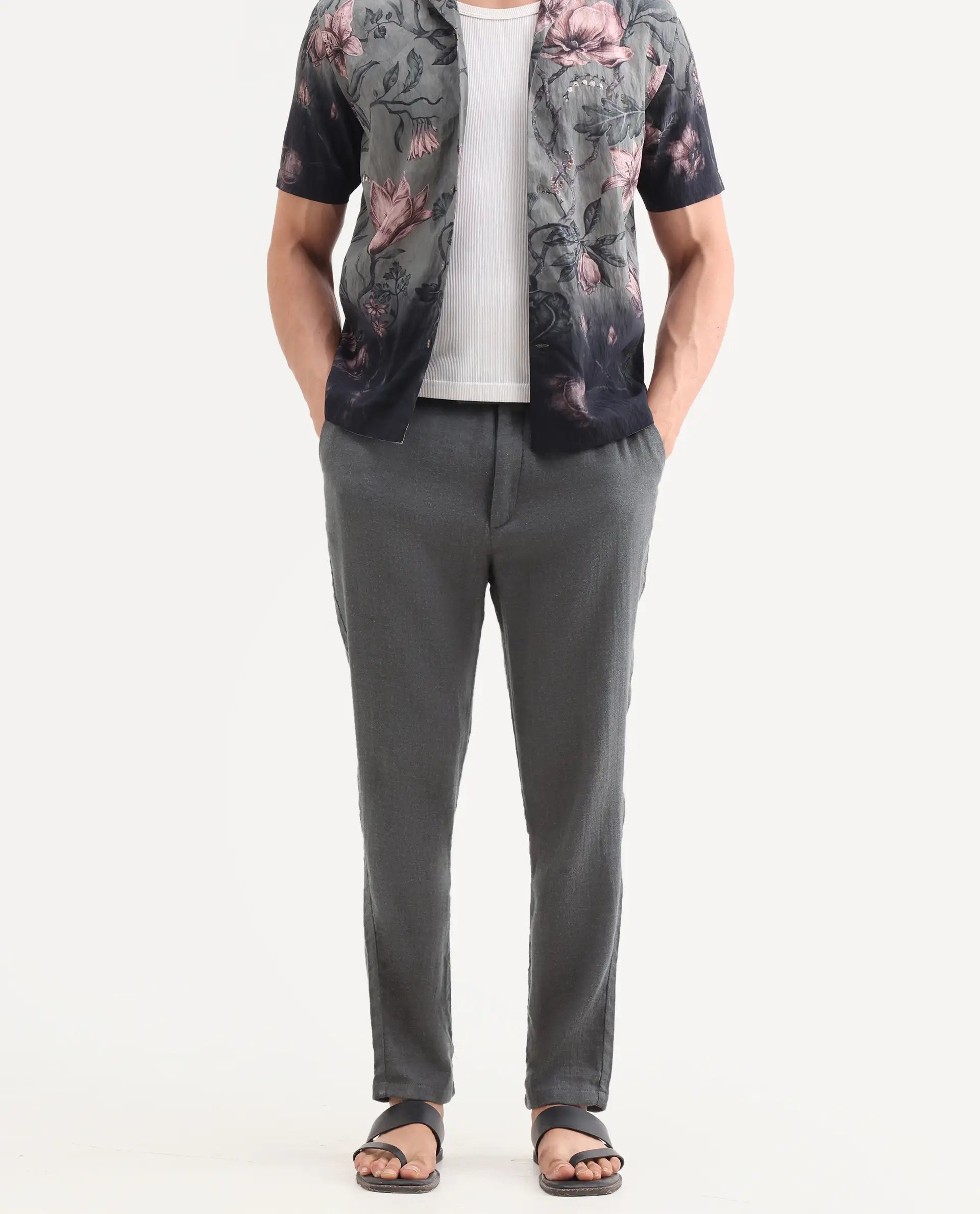 Rare Rabbit Men's Post Grey Cotton Blend Fabric Regular Fit Plain Trouser