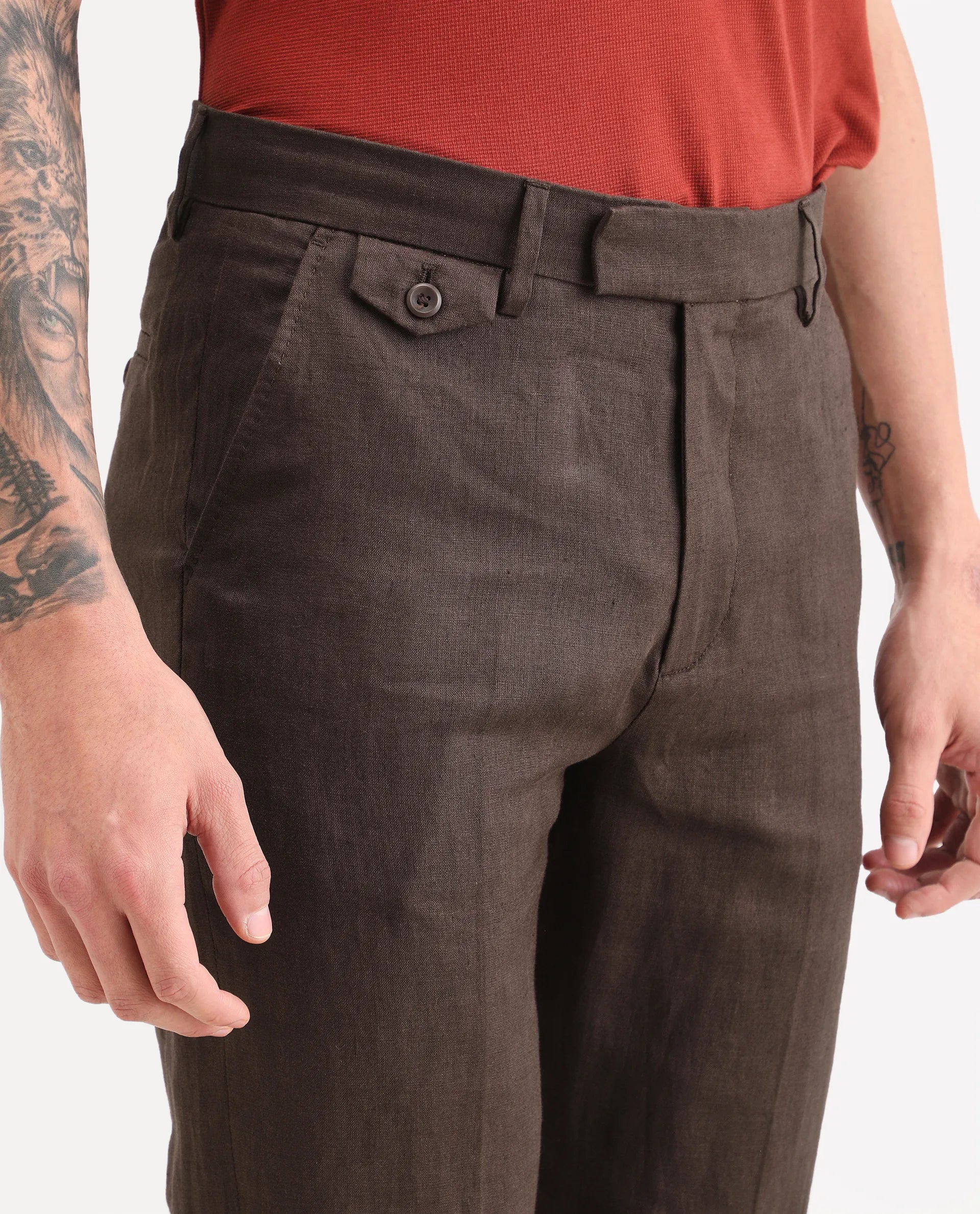 Rare Rabbit Men's Arcelo-Ss26 Dark Brown 100% Linen Fabric Regular Fit Plain Trouser